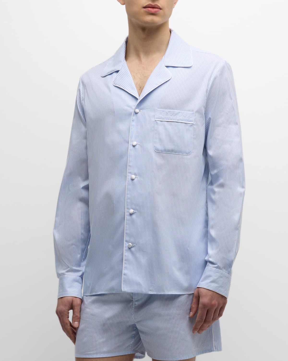 Shop Balmain Men's Striped Cotton Pajama Shirt In Pale Blue/white