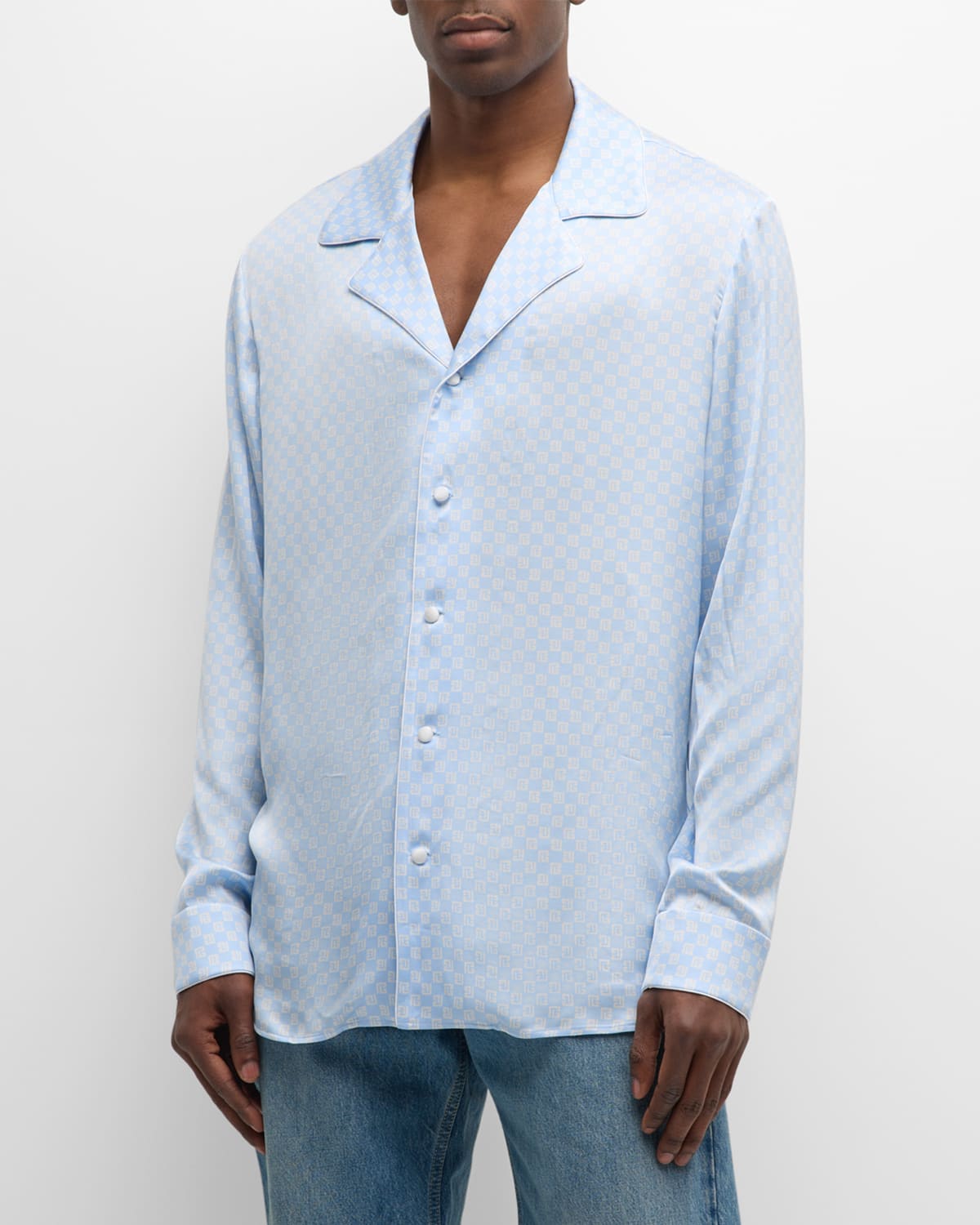 Shop Balmain Men's Mini Monogram Satin Pajama Shirt In Pale Blue/multi