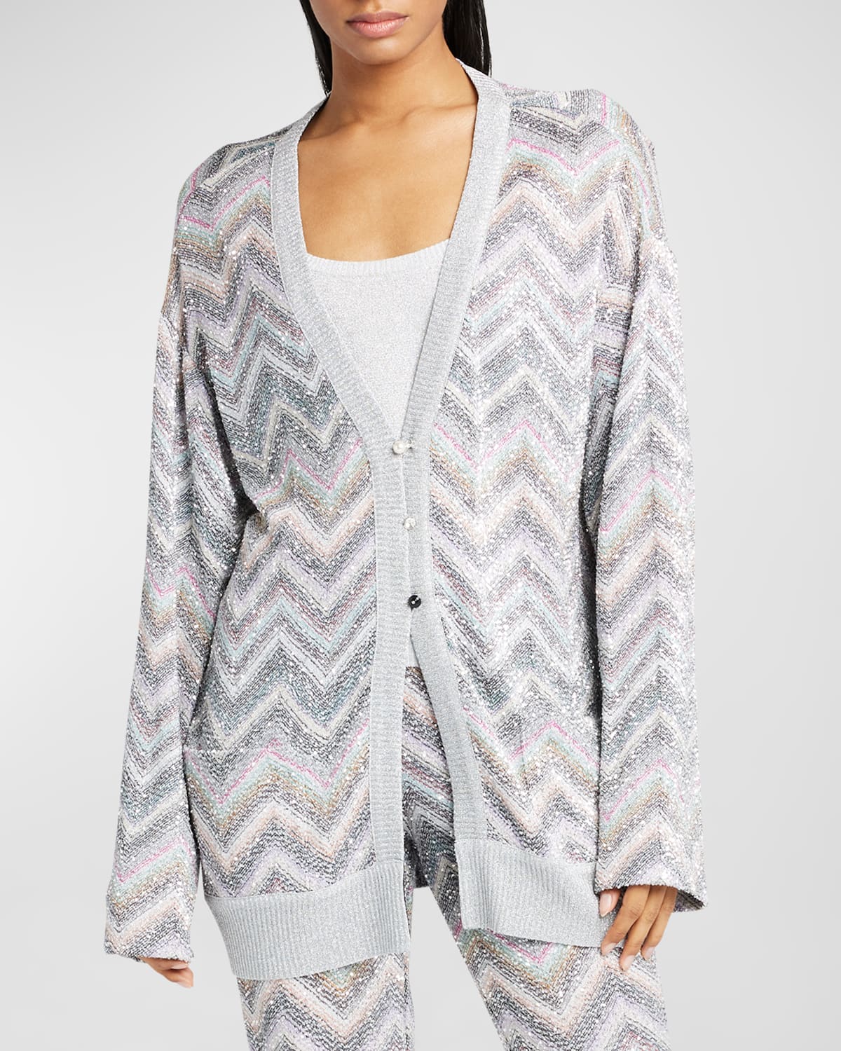 Shop Missoni Zig-zag Caperdoni Maxi Cardigan With Sequin Detail In Ltblugreywhtbs