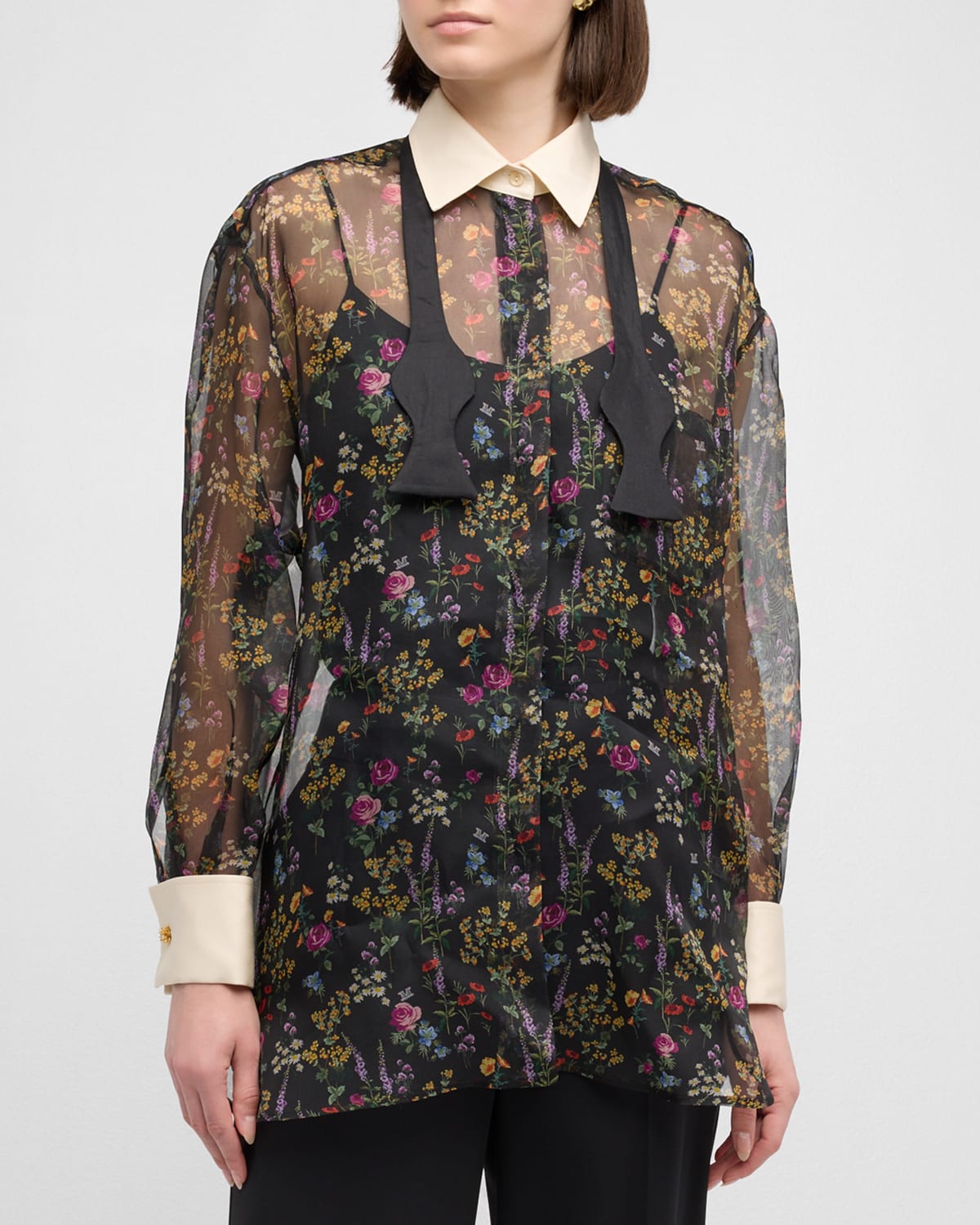 Shop Max Mara Marocco Floral-print Chiffon Collared Tunic Shirt In Black