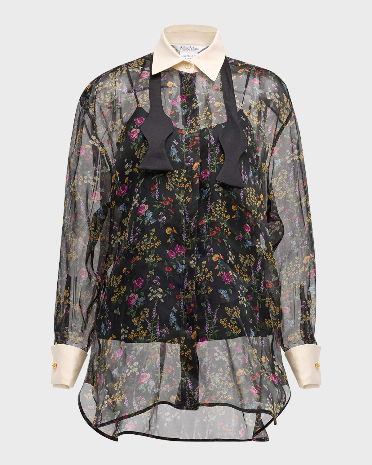 Shop Max Mara Marocco Floral-print Chiffon Collared Tunic Shirt In Black