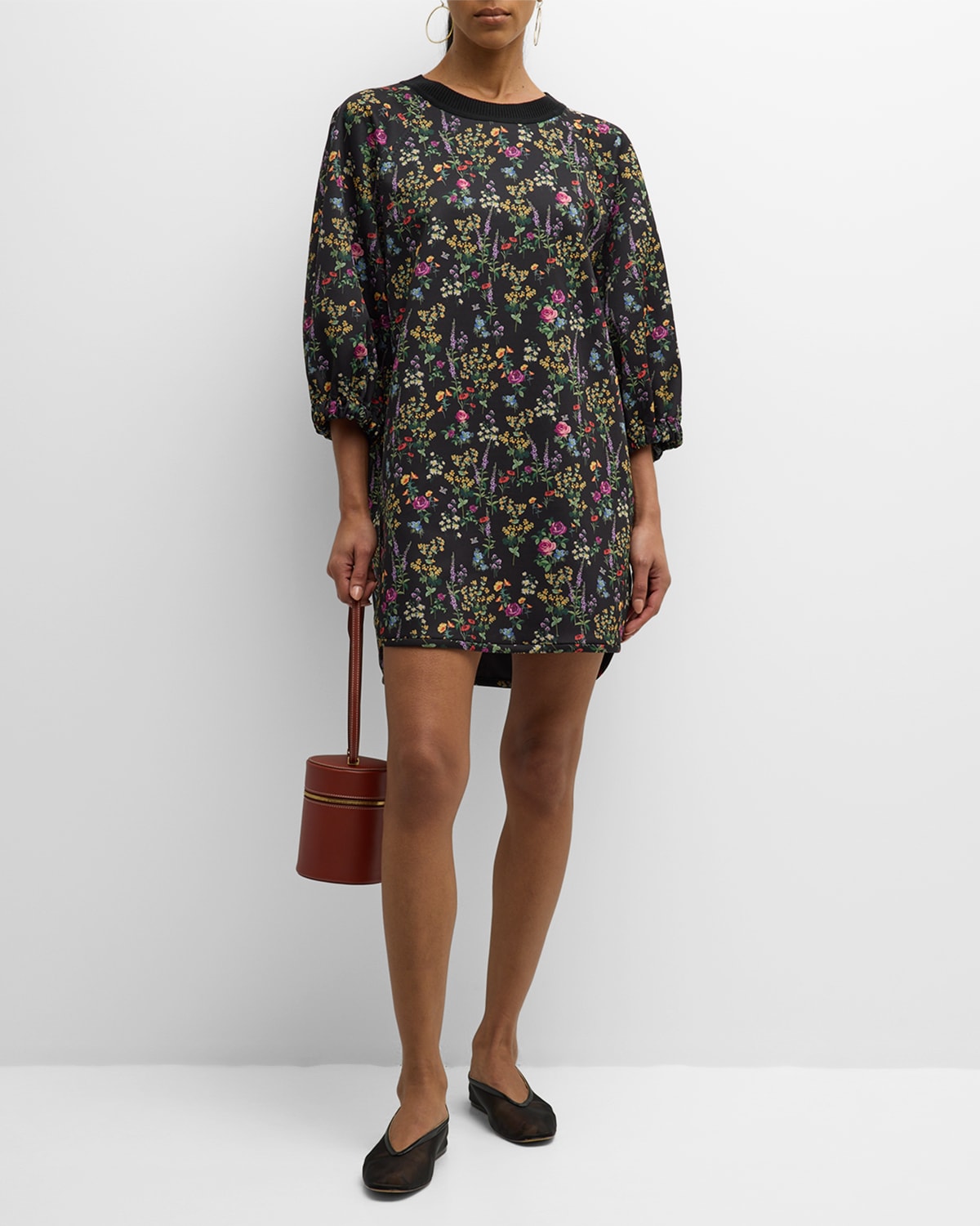 Max Mara Billy Floral-print 3/4-sleeve Mini Shift Dress In Black