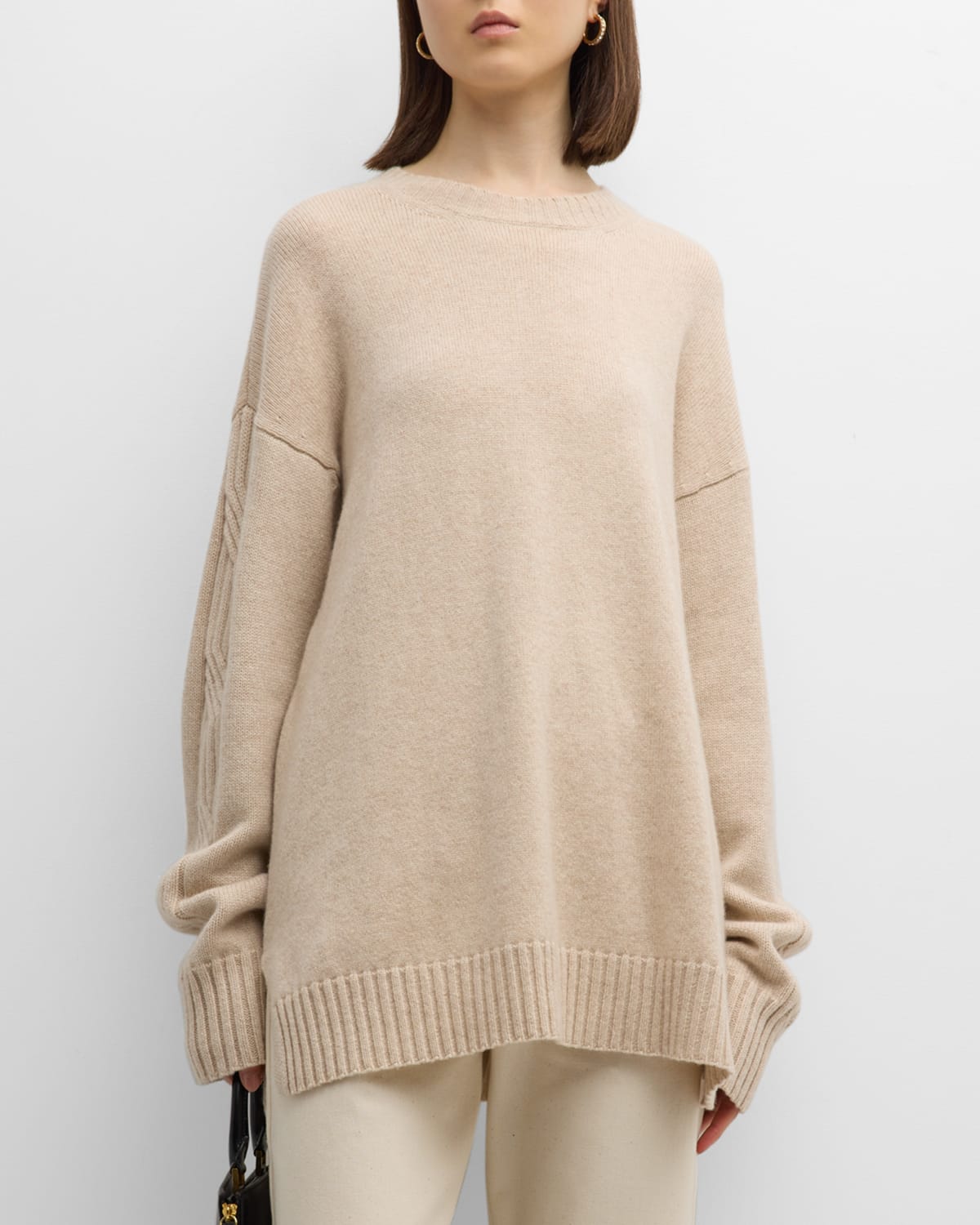 Shop Max Mara Vicini Cable-knit Sleeve Oversized Cashmere Sweater In Beige
