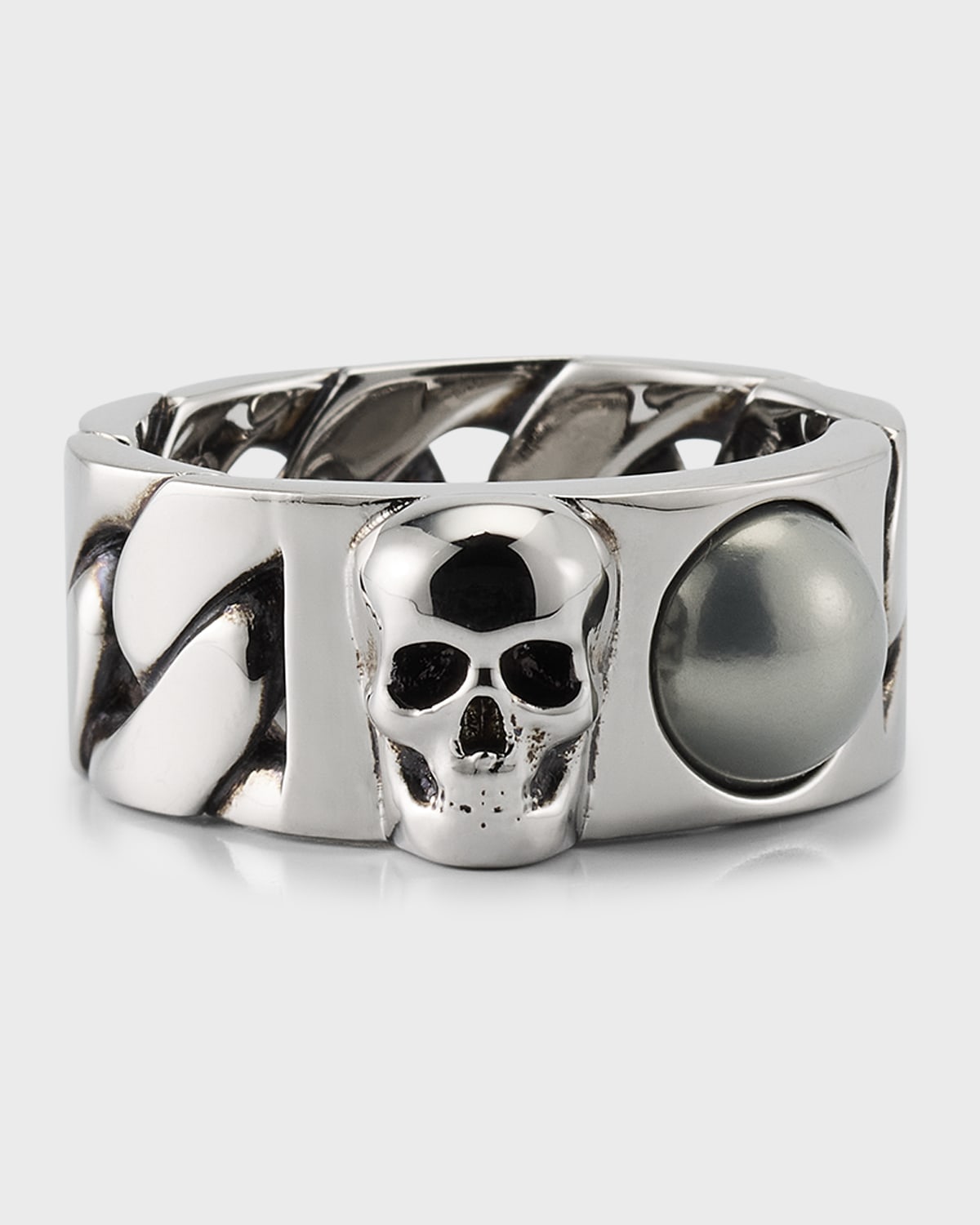 Men's Pearl And Skull Chain Ring in Antique Silver