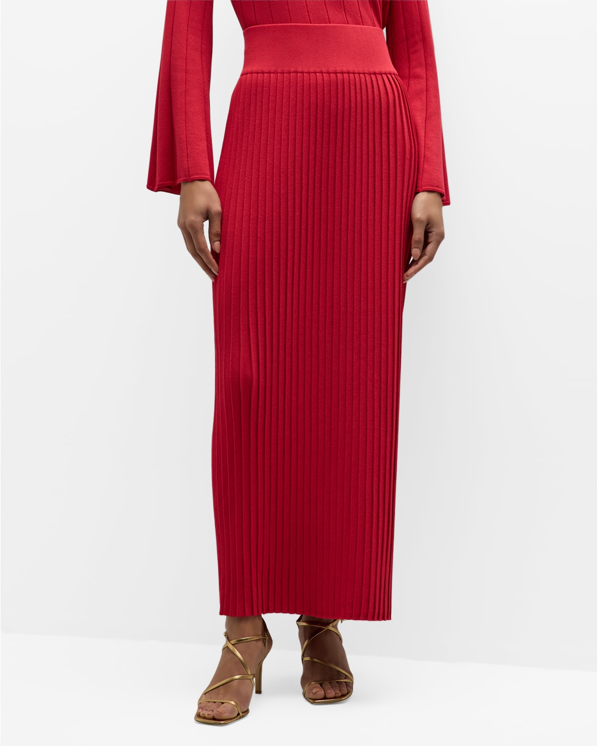 Shop Misook Pleated Straight Knit Maxi Skirt In Sunset Red