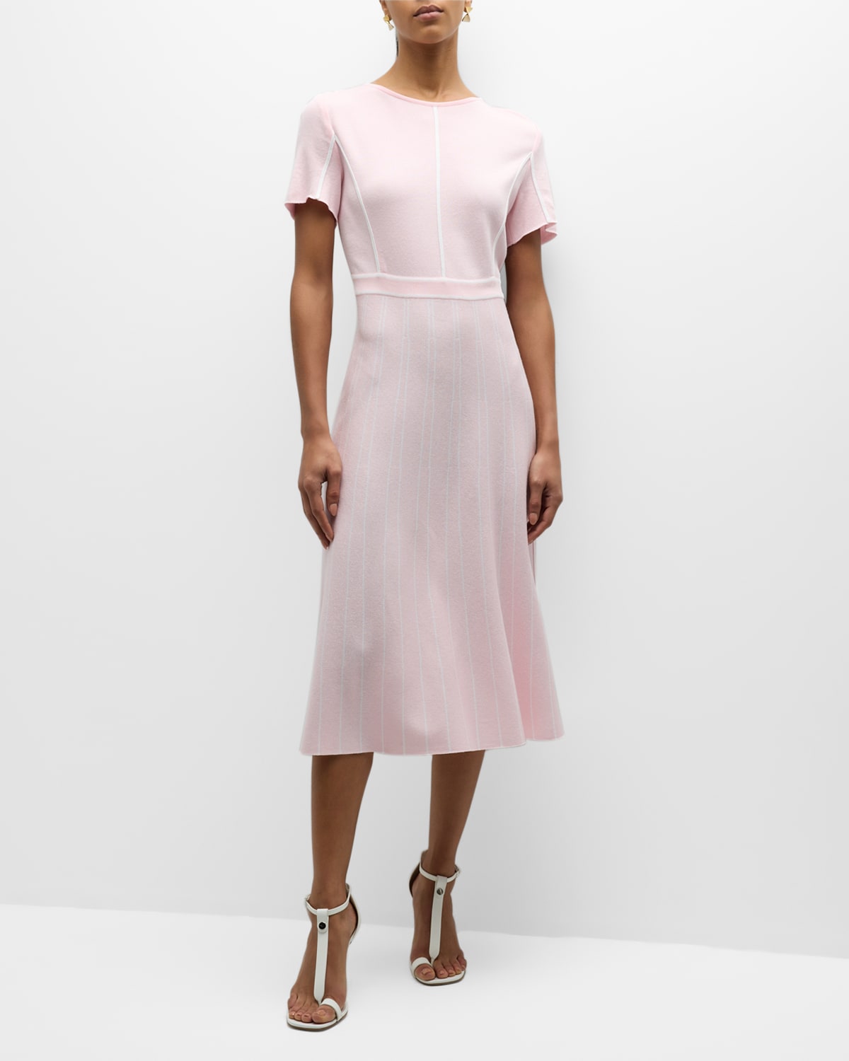 Misook Contrast Stripe A-line Knit Dress In Rose Petal/white