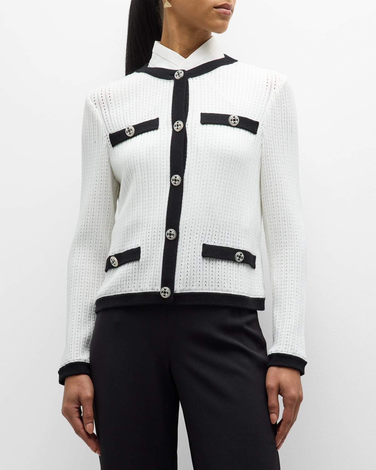 Shop Misook Recycled Pointelle Knit Button-down Jacket In Black/white