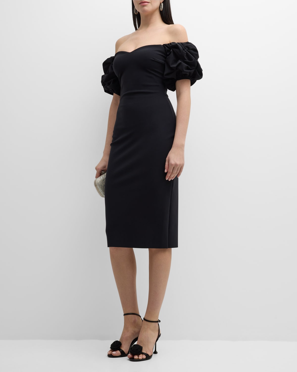 Shop Chiara Boni La Petite Robe Gavril Off-shoulder Puff-sleeve Midi Dress In Black