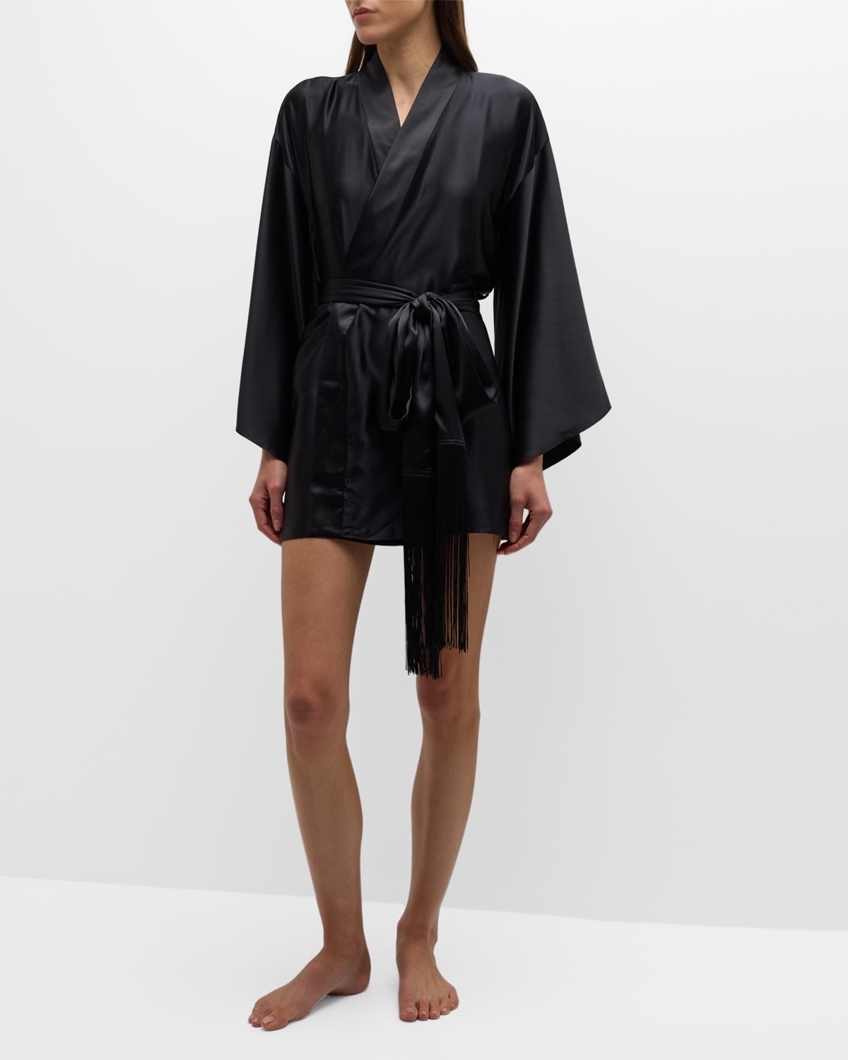 Shop Kiki De Montparnasse Fringe-trim Silk Mini Kimono Robe In Black