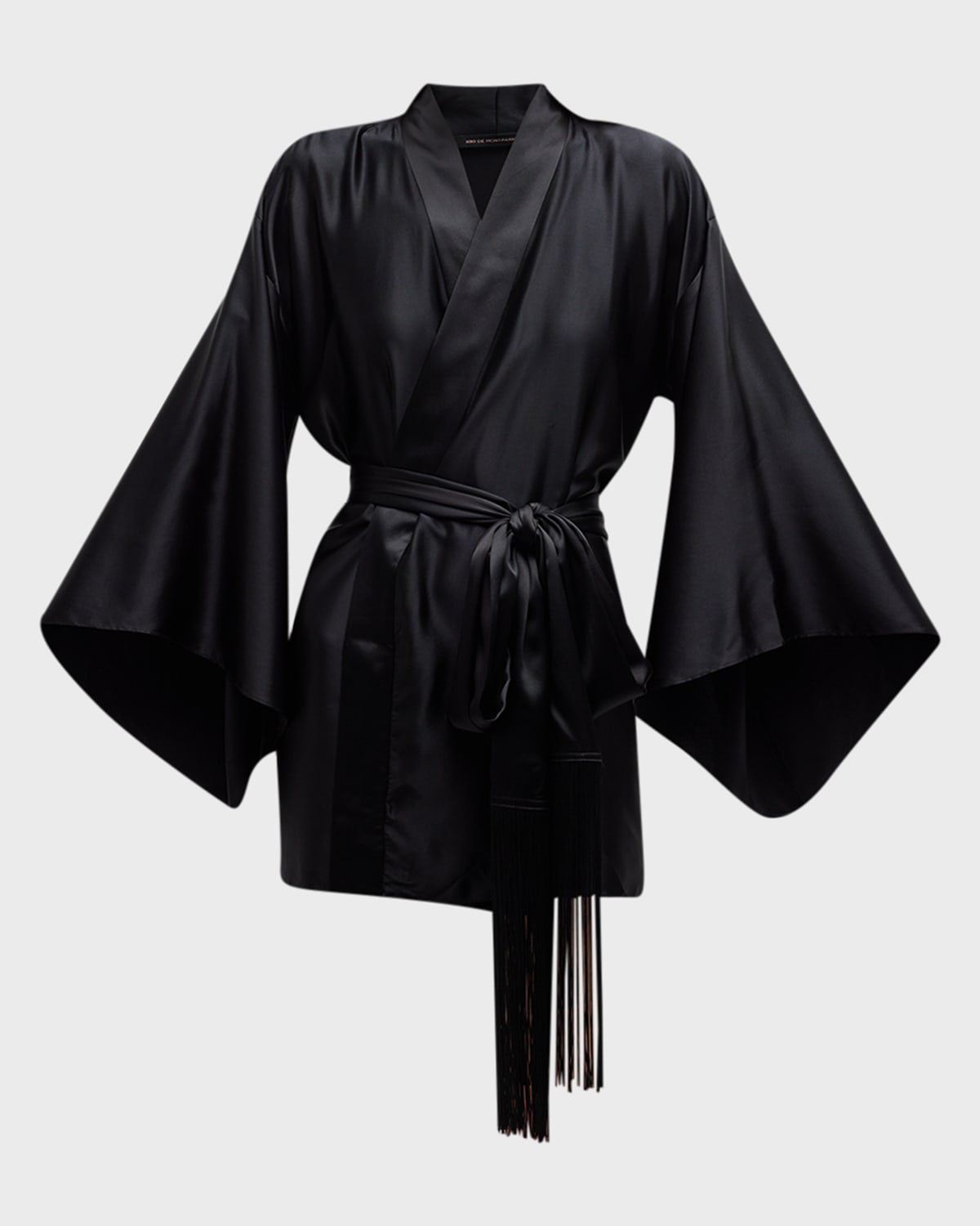 Shop Kiki De Montparnasse Fringe-trim Silk Mini Kimono Robe In Black