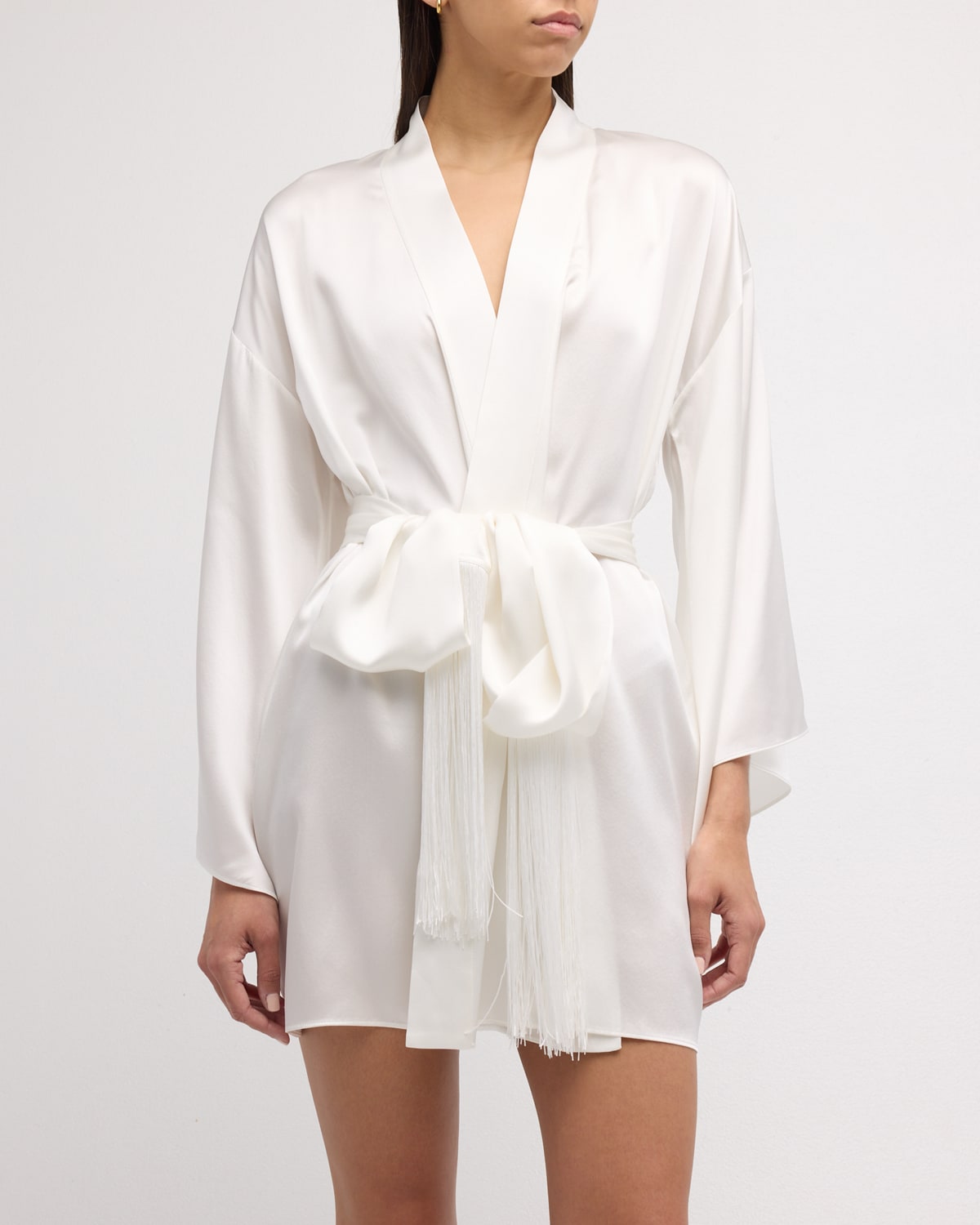 Shop Kiki De Montparnasse Fringe-trim Silk Mini Kimono Robe In Ivory