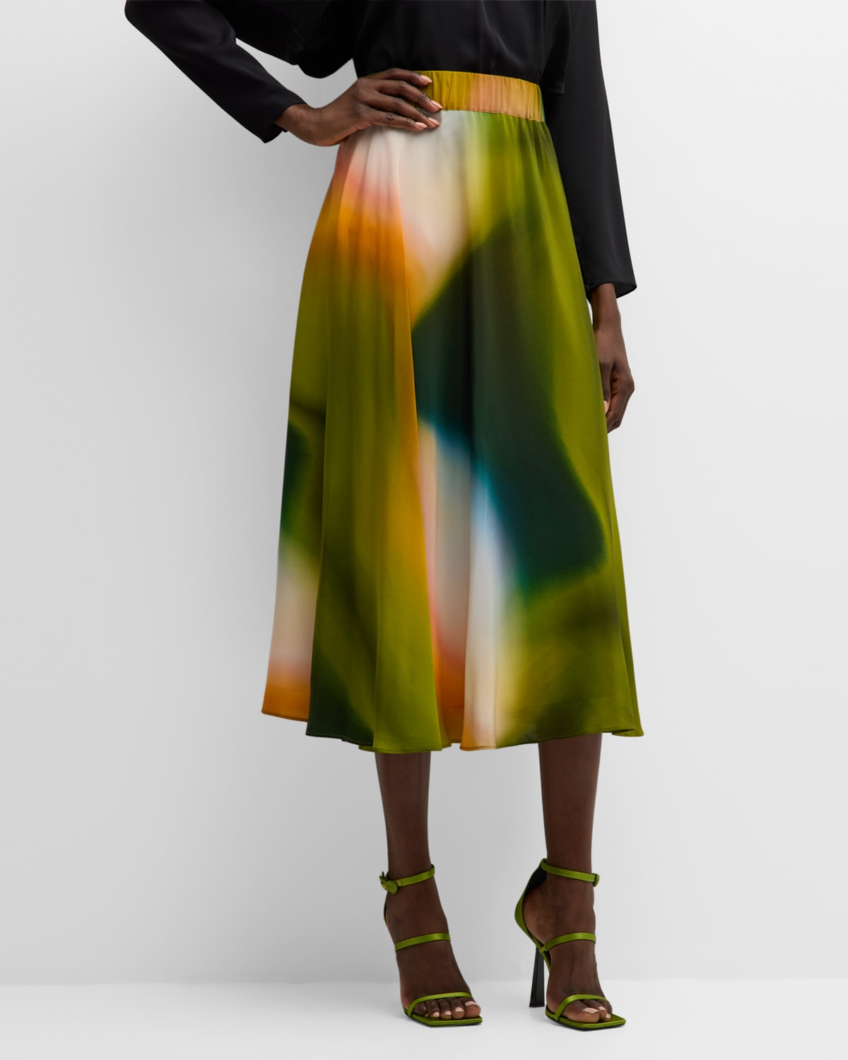 Marie Oliver Cambrie Abstract-print Circle-cut Midi Skirt In Peridot