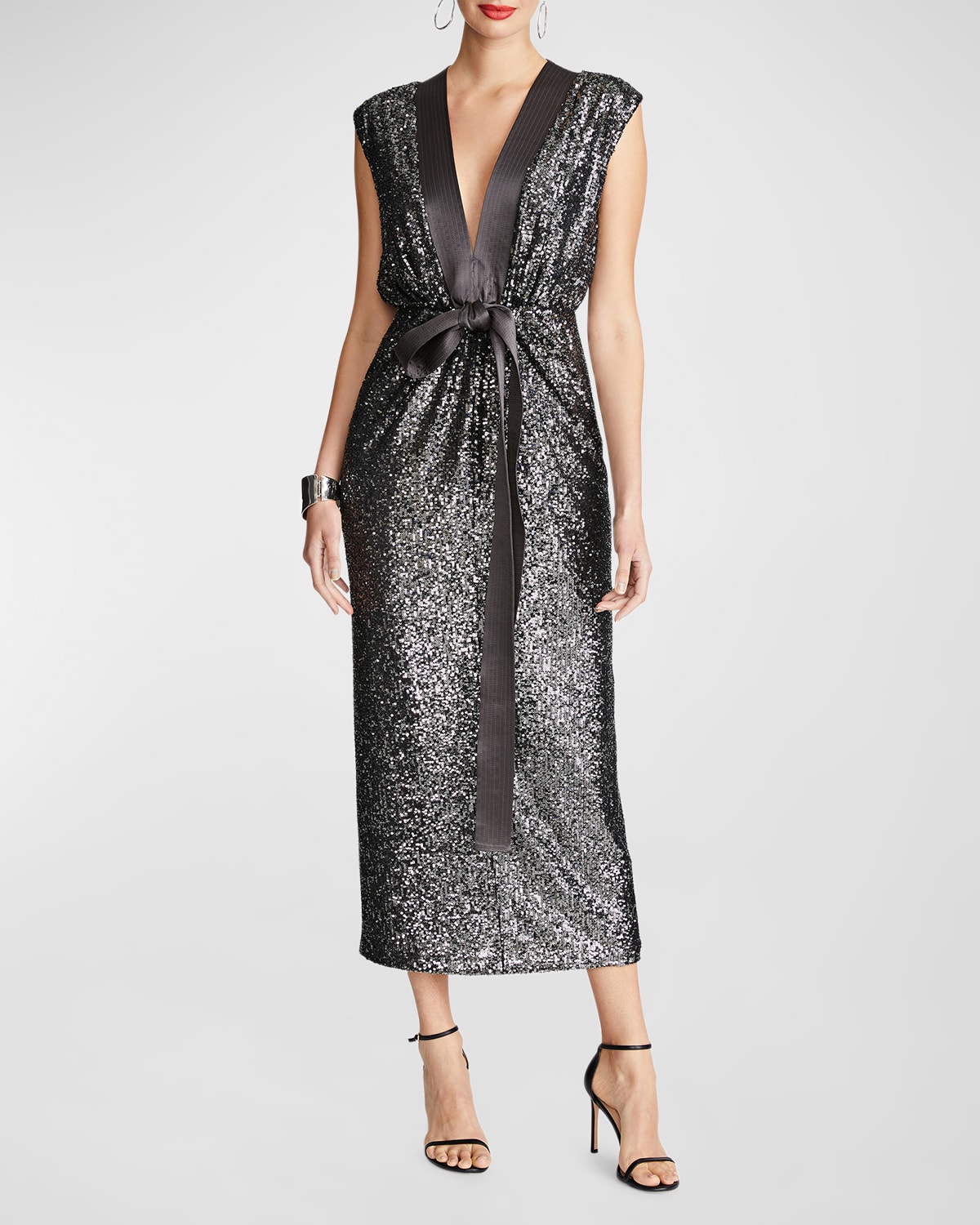 Shop Halston Ranae Sequin Deep V-neck Midi Dress In Ash