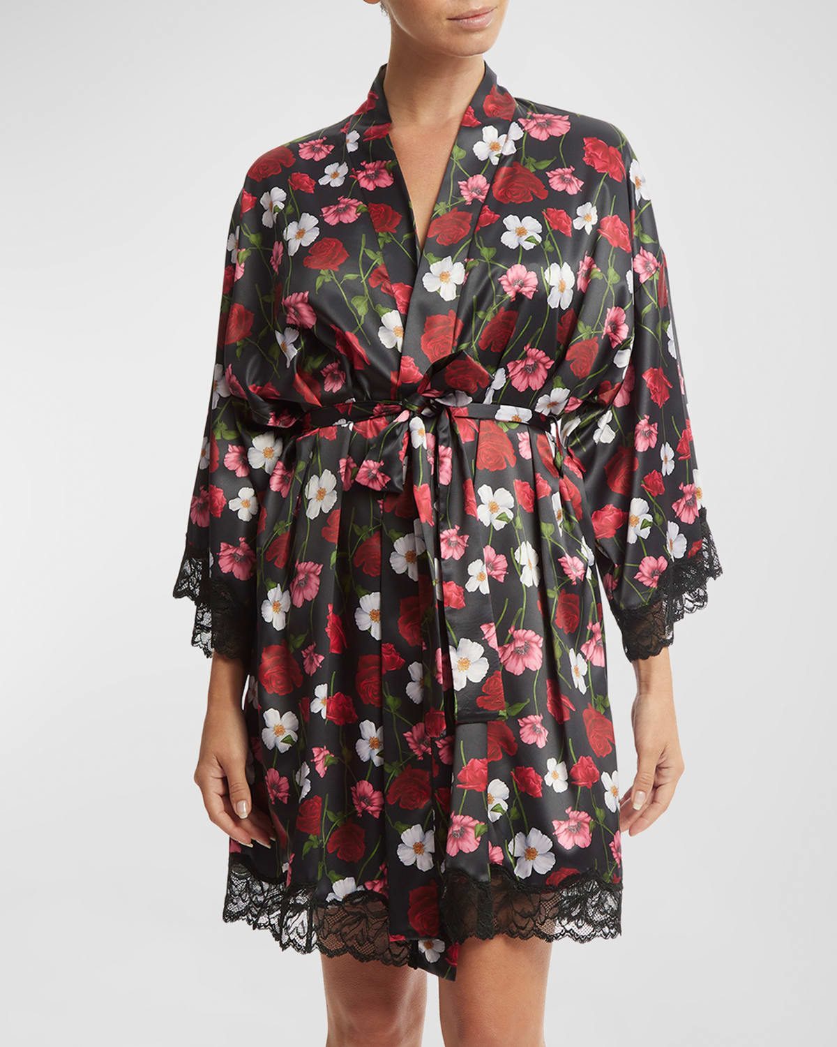HANKY PANKY SO LUXE FLORAL-PRINT LACE-TRIM ROBE