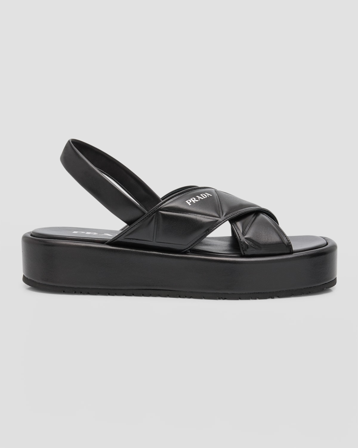 PRADA QUILTED LEATHER CRISSCROSS FLATFORM SANDALS