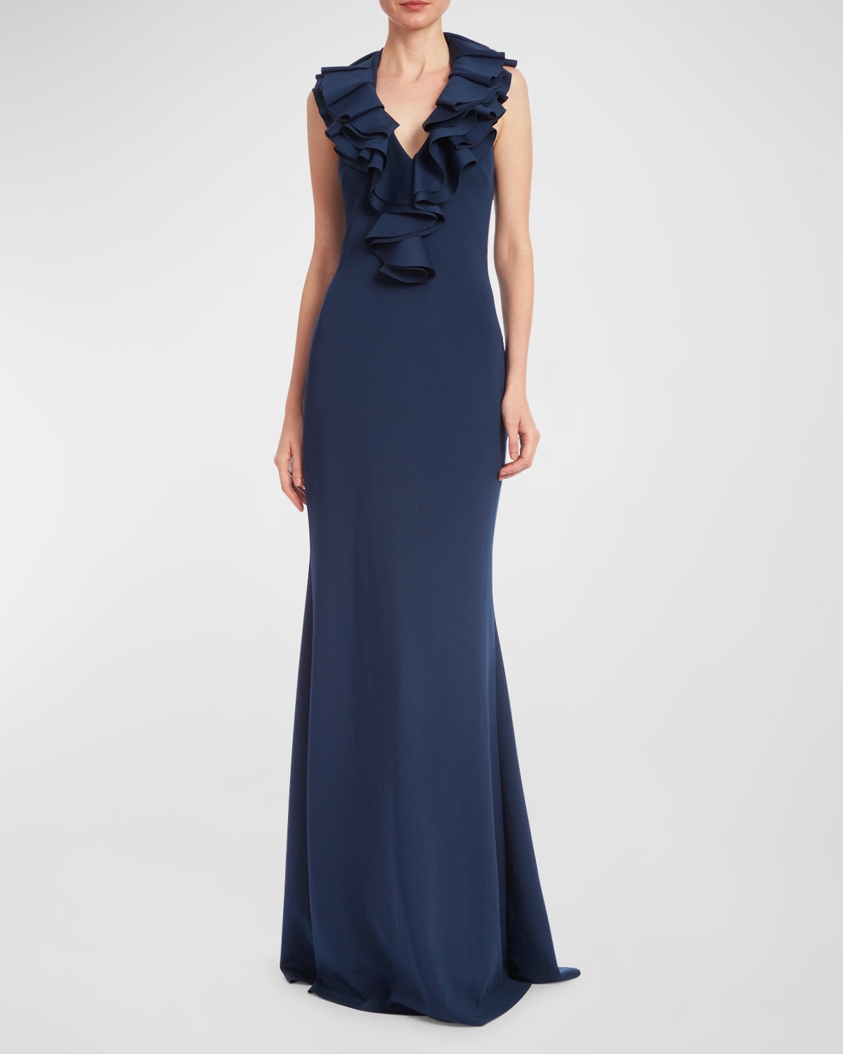 Badgley Mischka Ruffle Halter Trumpet Gown In Blue