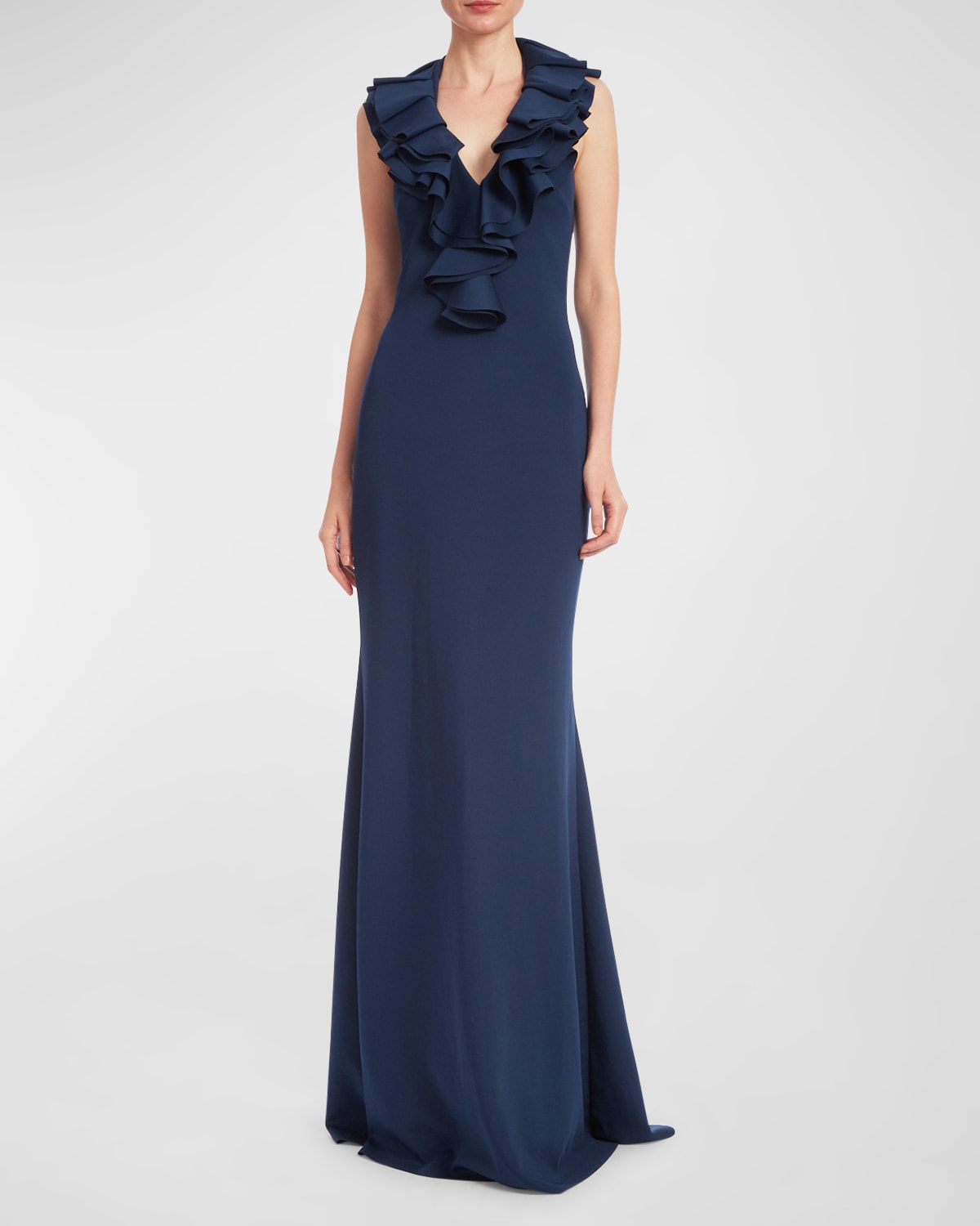 Shop Badgley Mischka Ruffle Halter Trumpet Gown In Blue