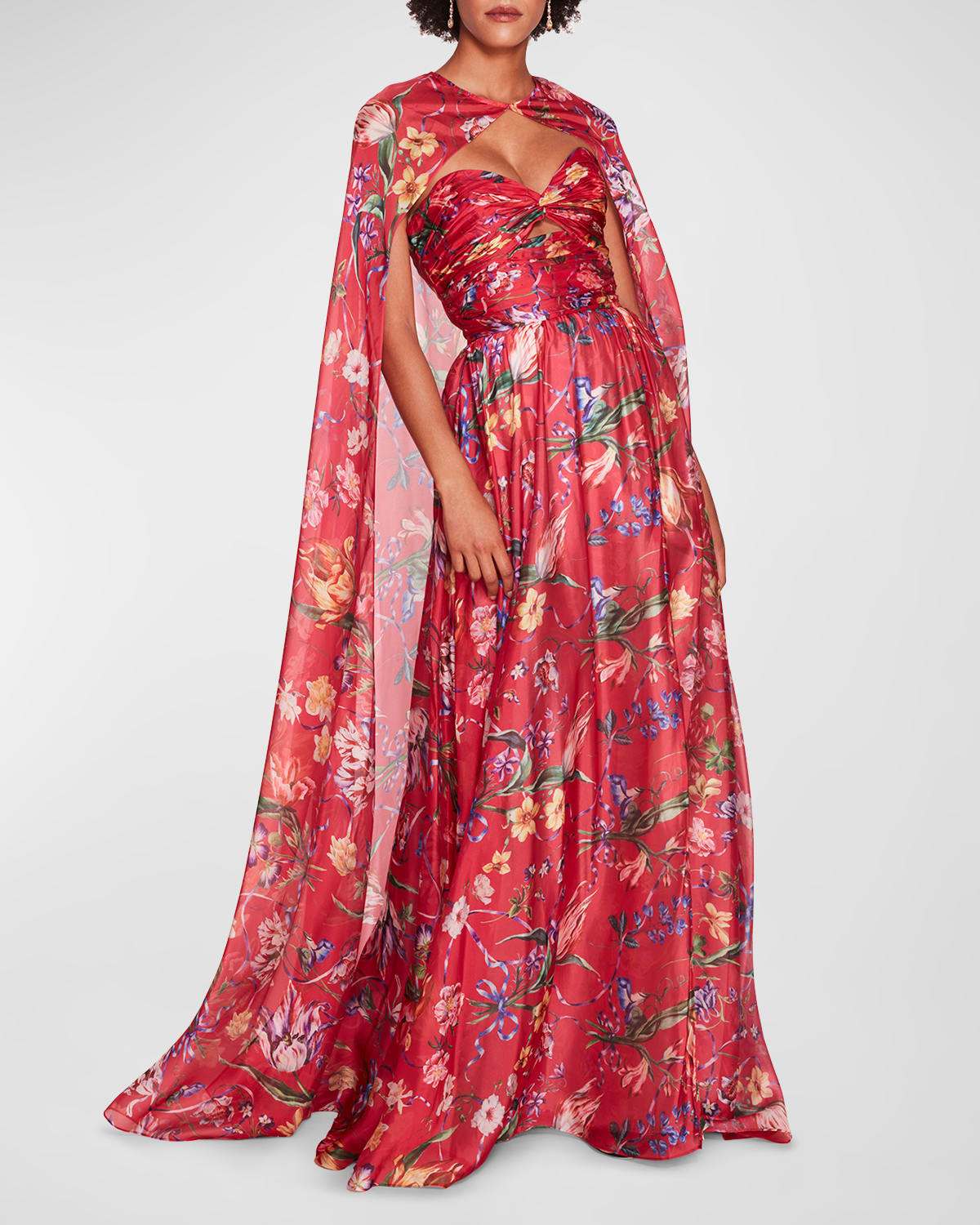 Shop Marchesa Notte Cutout Floral-print Sweetheart Cape Gown In Fuchsia