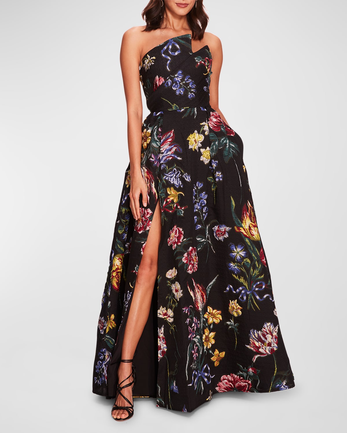 MARCHESA NOTTE STRAPLESS PLEATED FLORAL FIL COUPE GOWN