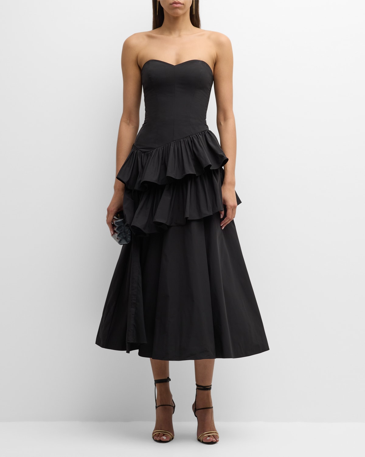 Shop Marchesa Notte Strapless Ruffle Taffeta Midi Dress In Black