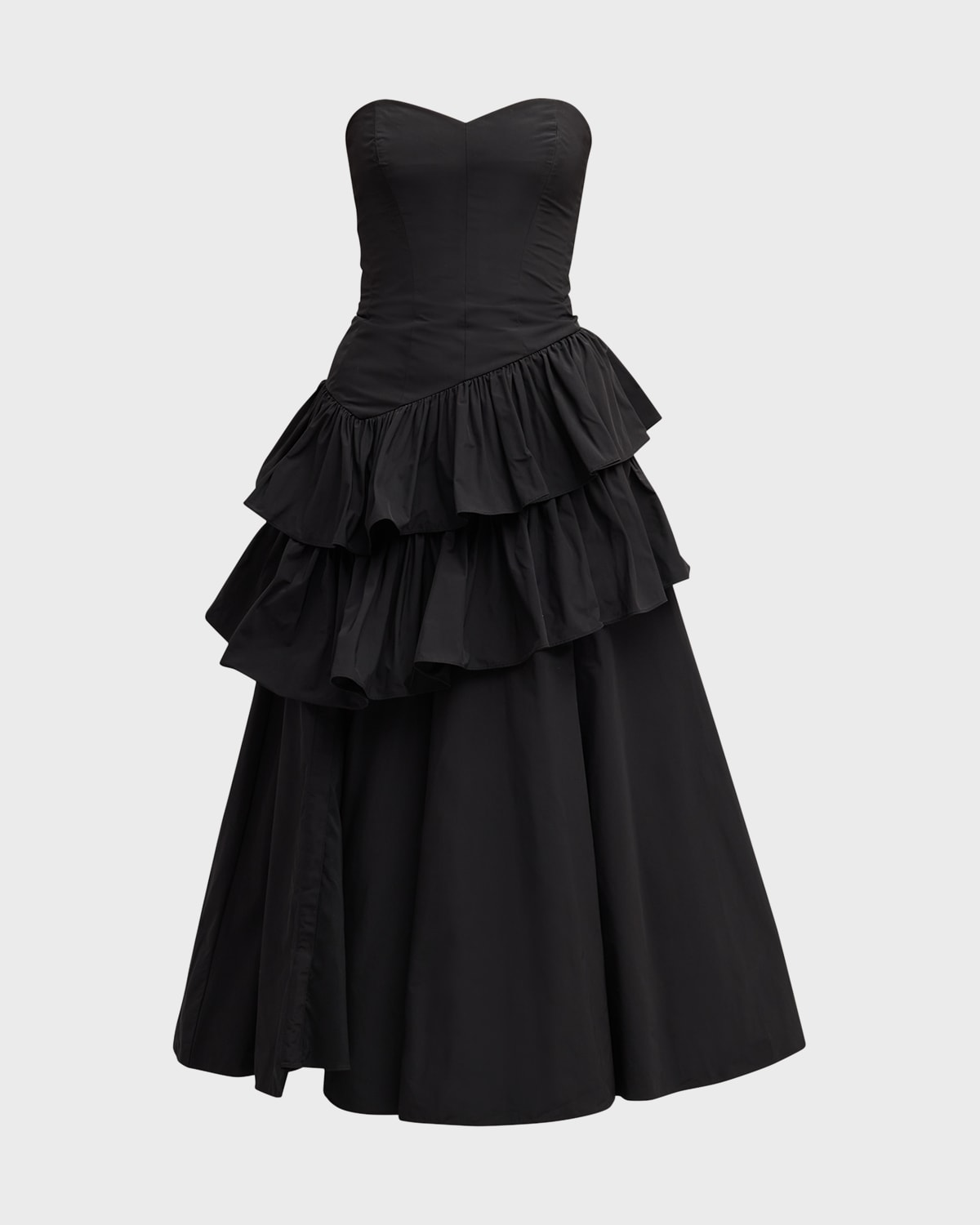 Shop Marchesa Notte Strapless Ruffle Taffeta Midi Dress In Black