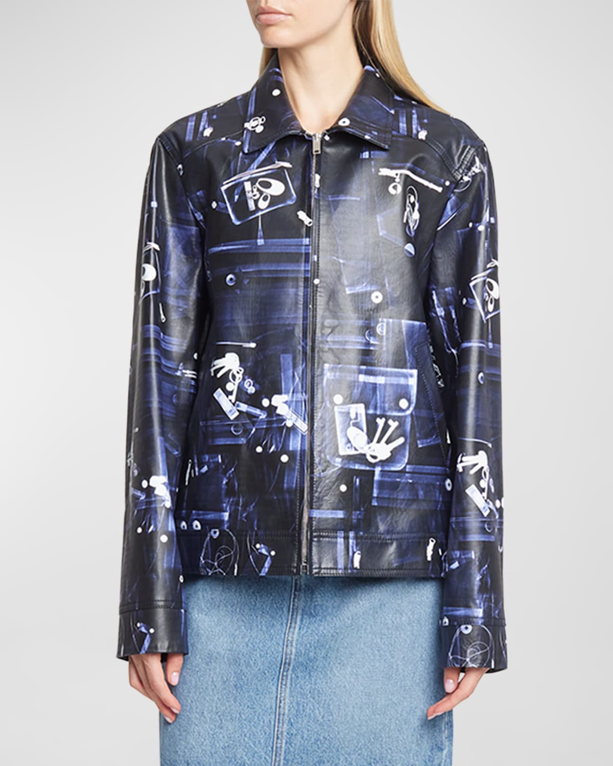 Shop Coperni Abstract-print Faux Leather Zip Jacket In Navy