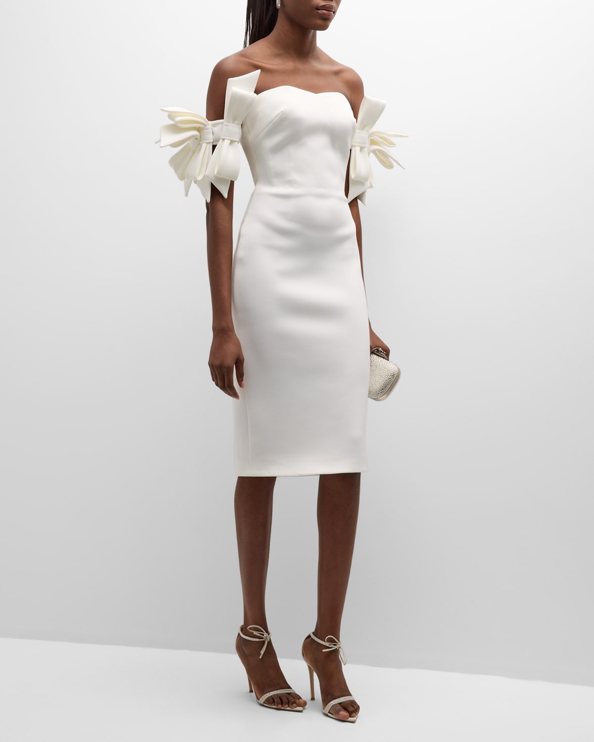 Jovani Off-shoulder Bow-embellished Midi Dress In White