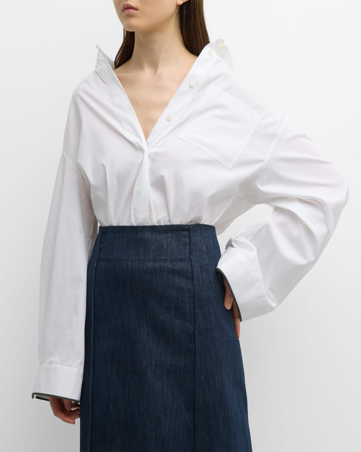 Shop Brunello Cucinelli Monili-cuff Bell-sleeve Cotton Poplin Shirt In C159 White