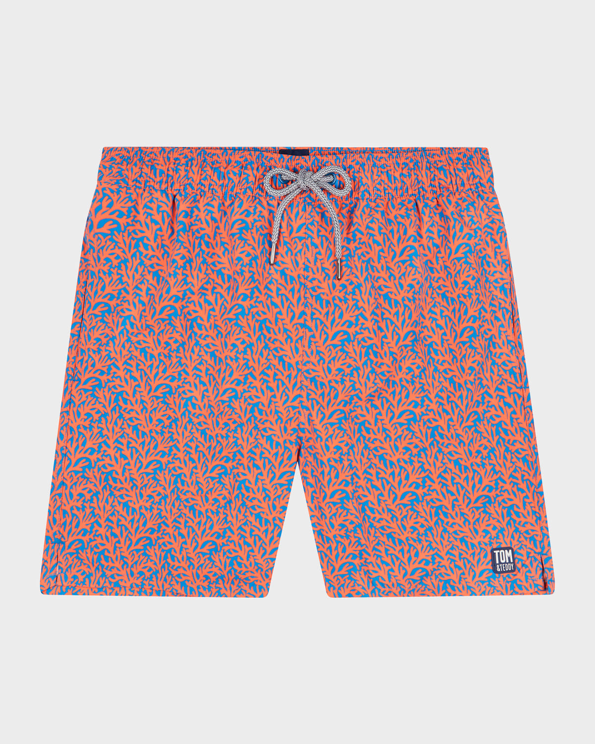 Tom & Teddy Coral Print Swim Trunks In Mid Blue/orange
