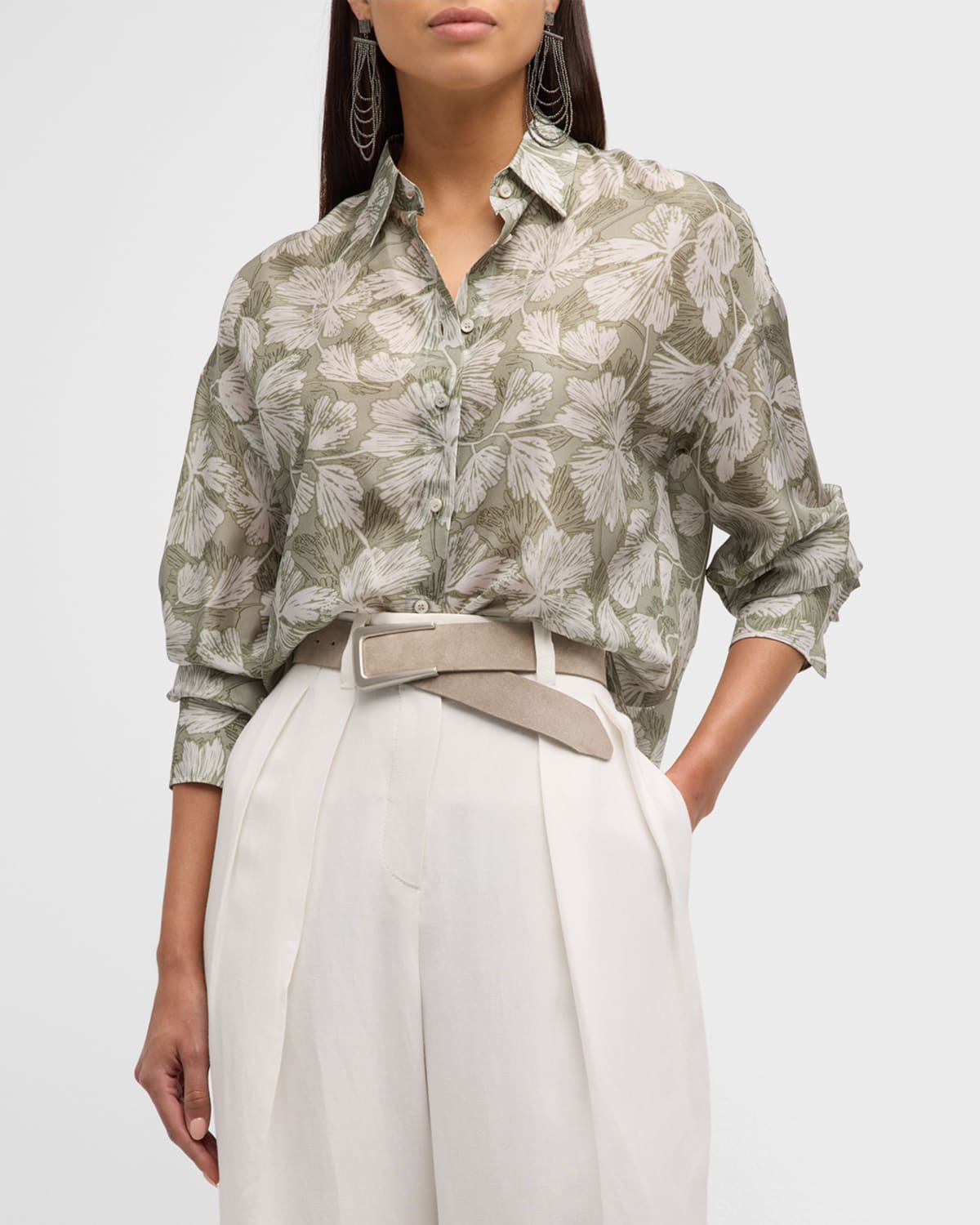 Jinko Floral-Print Button-Up Silk Blouse