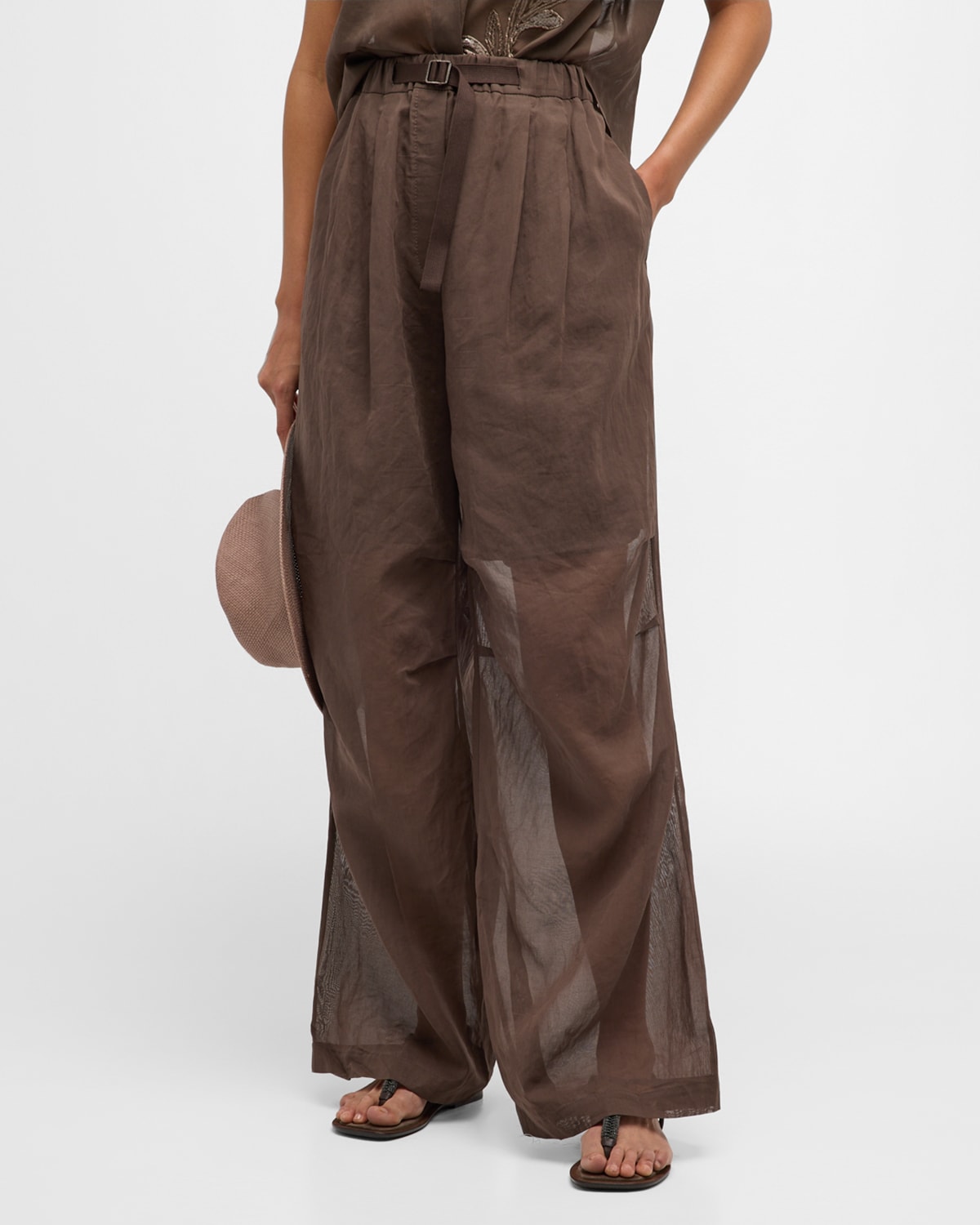 Brunello Cucinelli Belted Double-pleated Cotton-gauze Pants With Lining In C8705 Chocolate