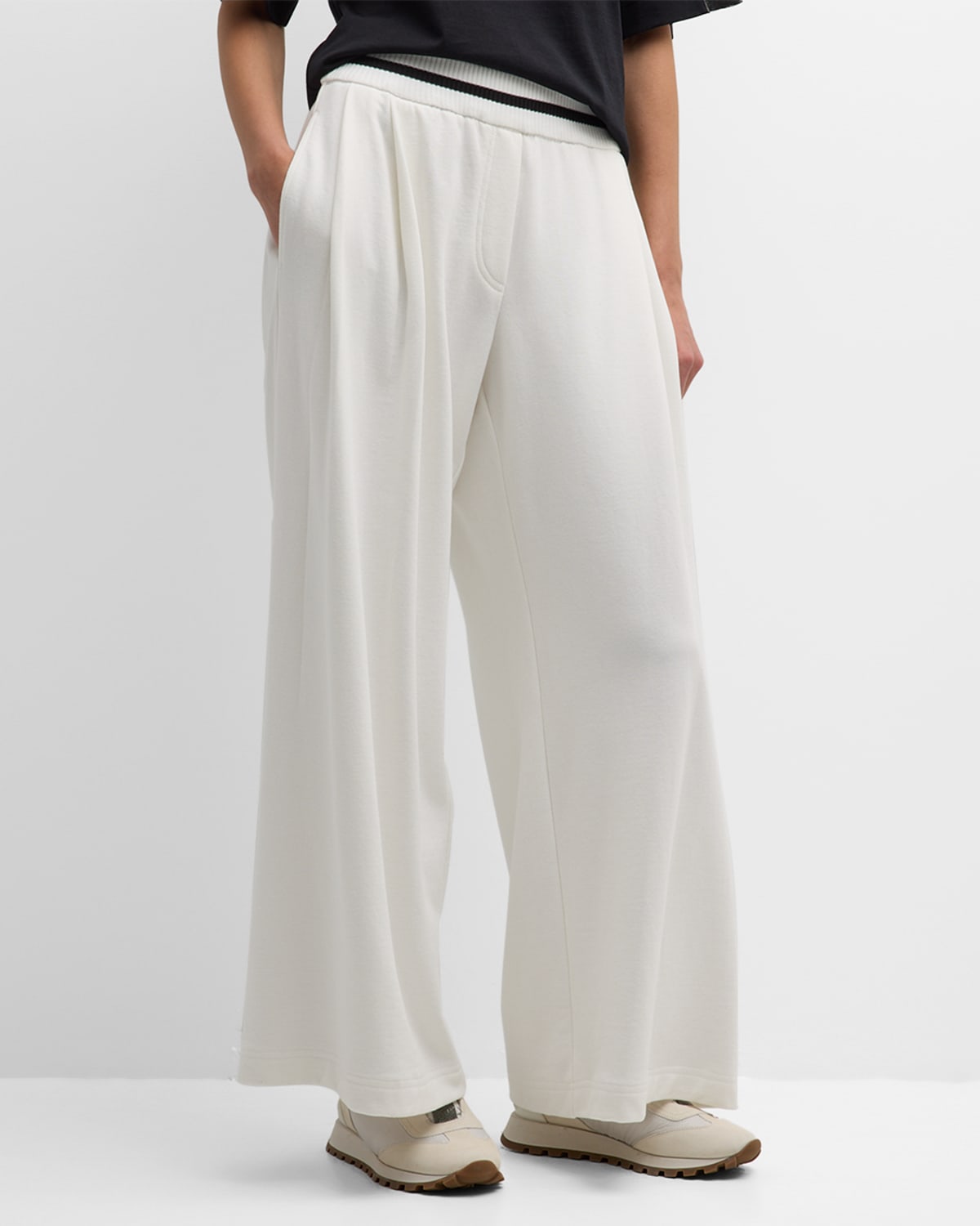 Brunello Cucinelli Cotton Felpa Pleated Wide-leg Pull-on Pants In C7220 Off White