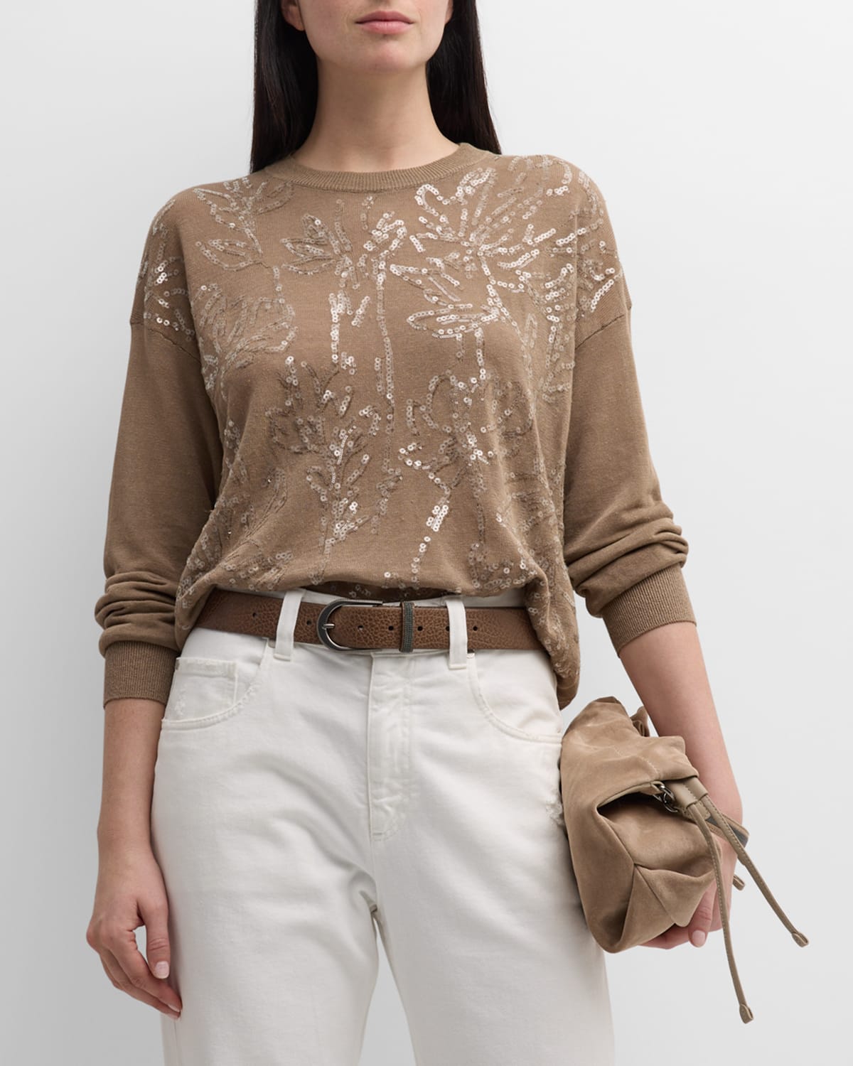 Shop Brunello Cucinelli Linen Knit Sweater With Magnolia Paillette Embroidery In C9447 Brown