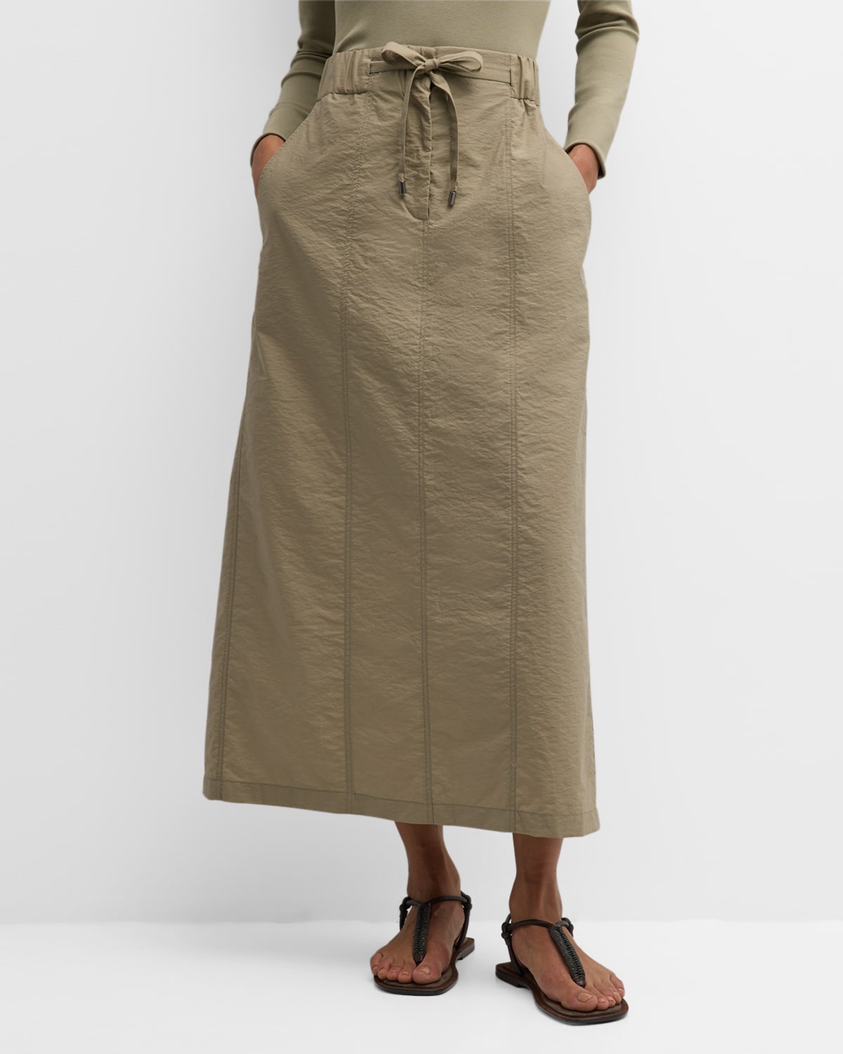 Brunello Cucinelli Paneled Cotton Techno Poplin Pull-on Midi Skirt In C2355 Volcano