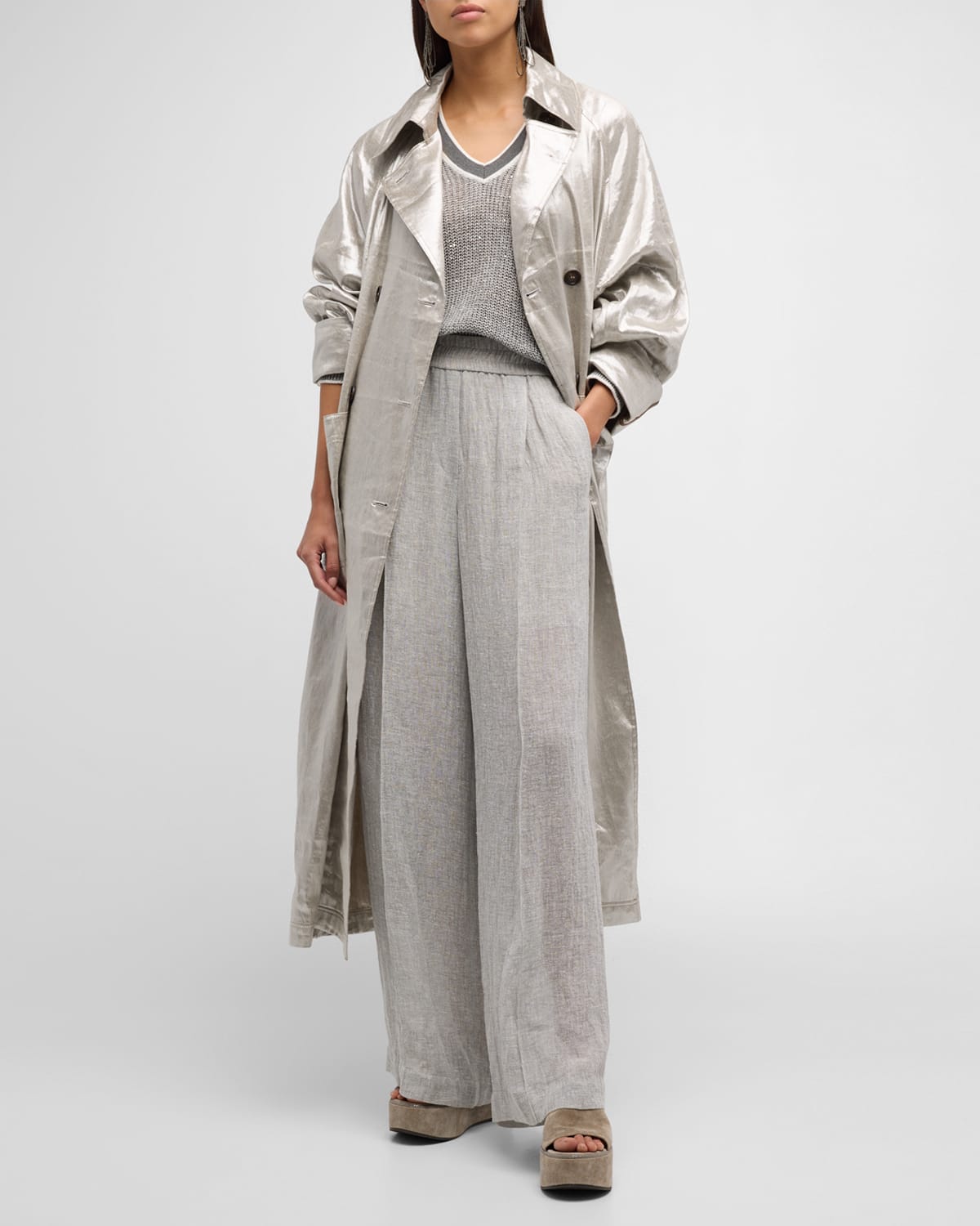 Metallic Linen Double-Breasted Long Trench Coat