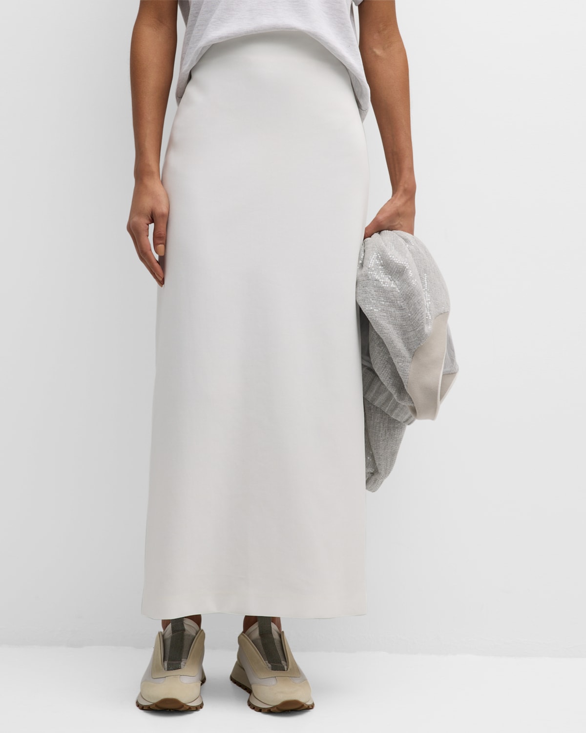 Brunello Cucinelli Cotton Crepe Double Twill Maxi Column Skirt In C4171 White
