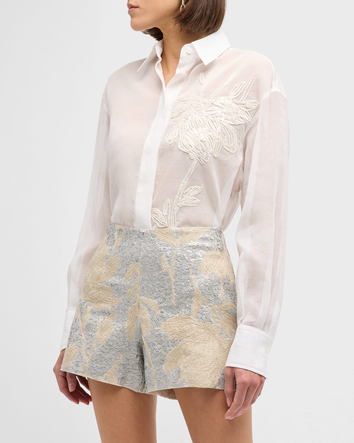 Crispy Silk Button-Front Blouse with Raffia Magnolia Embroidery