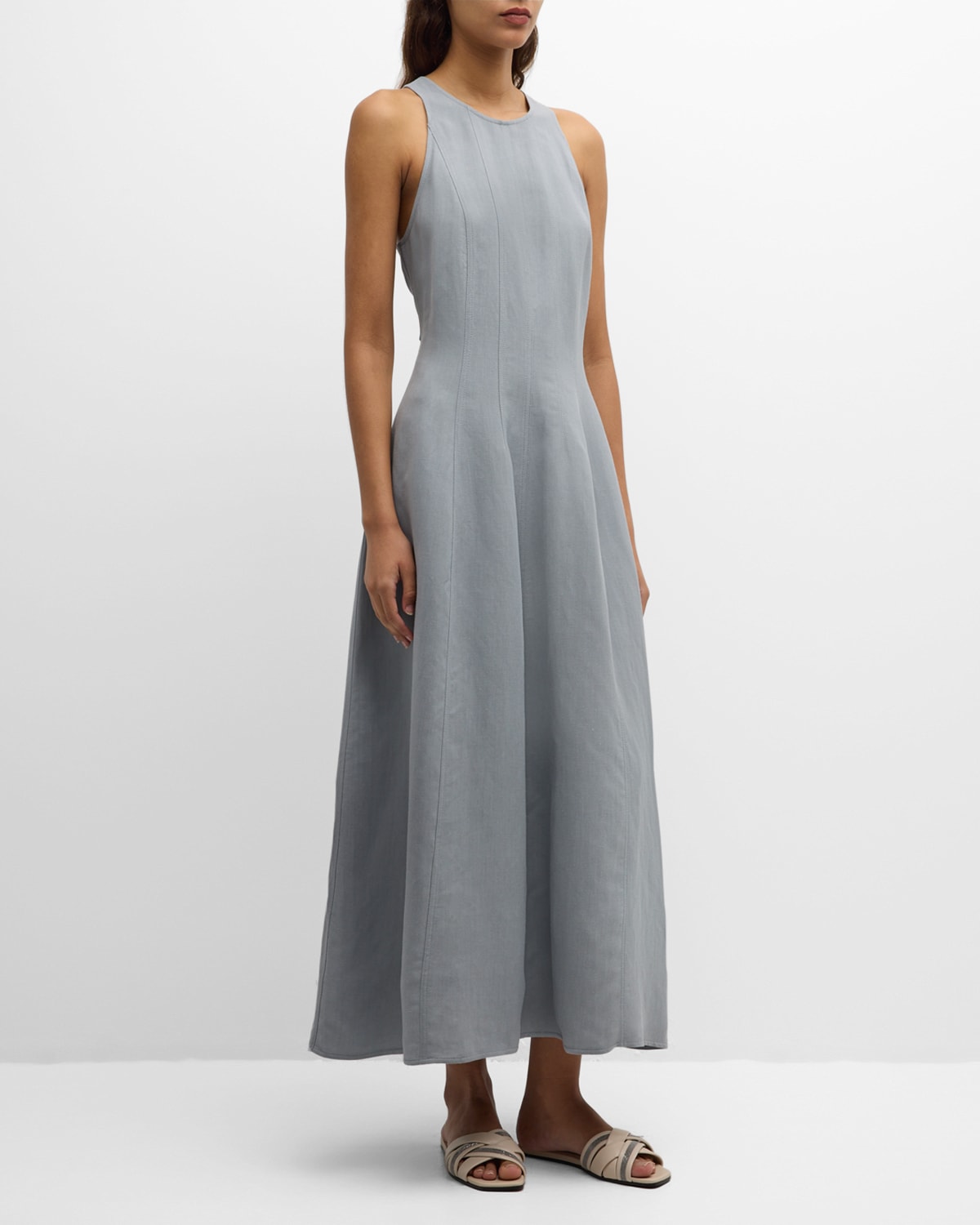 Shop Brunello Cucinelli Sleeveless Fluid Linen Structured Midi Dress In C9599 Powder Blue