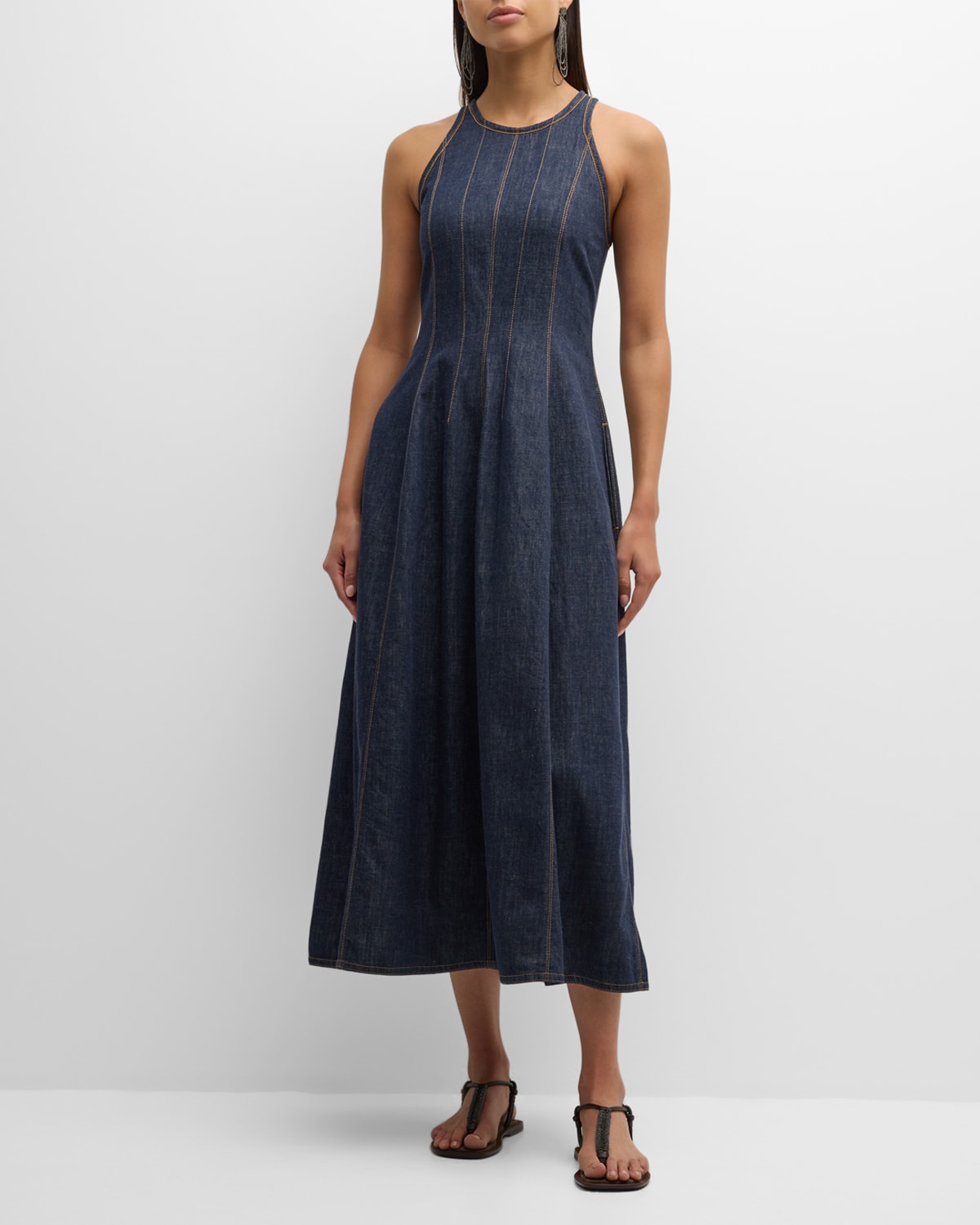 Shop Brunello Cucinelli Glossy Denim Structured Midi Dress With Contrast Stitching In C900 Denim