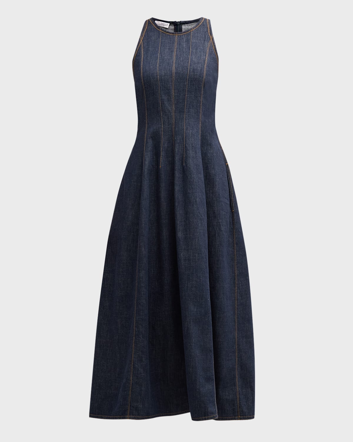 Brunello Cucinelli Glossy Denim Structured Midi Dress With Contrast Stitching In C900 Denim