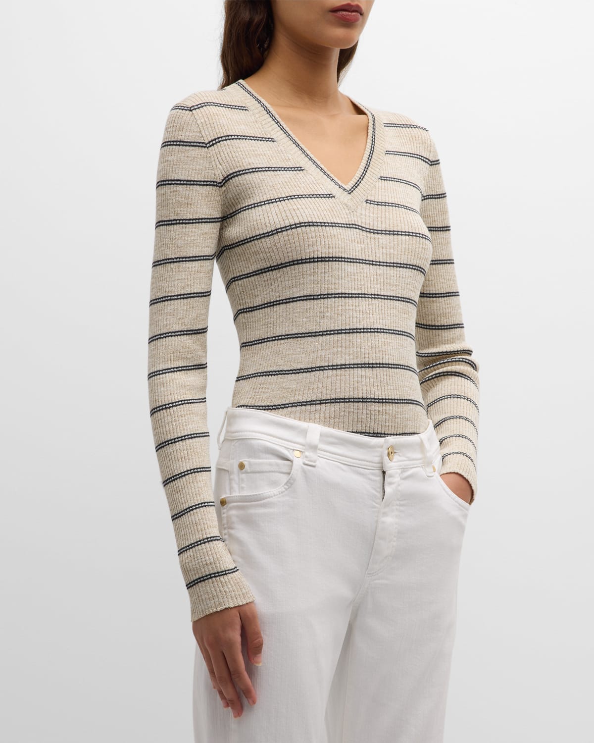 Shop Brunello Cucinelli Striped Metallic Linen Long-sleeve V-neck Knit Sweater In Cfc32 Natural