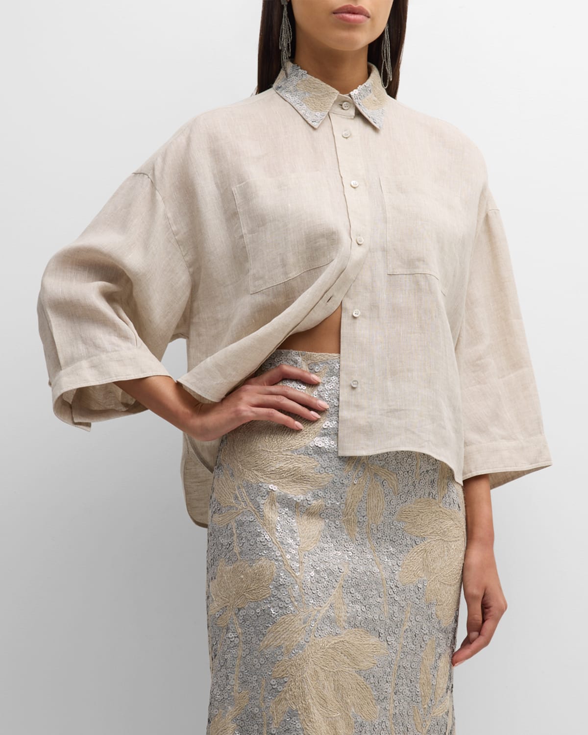 Magnolia Pailllette Embroidered-Collar Linen Relaxed Boxy Blouse
