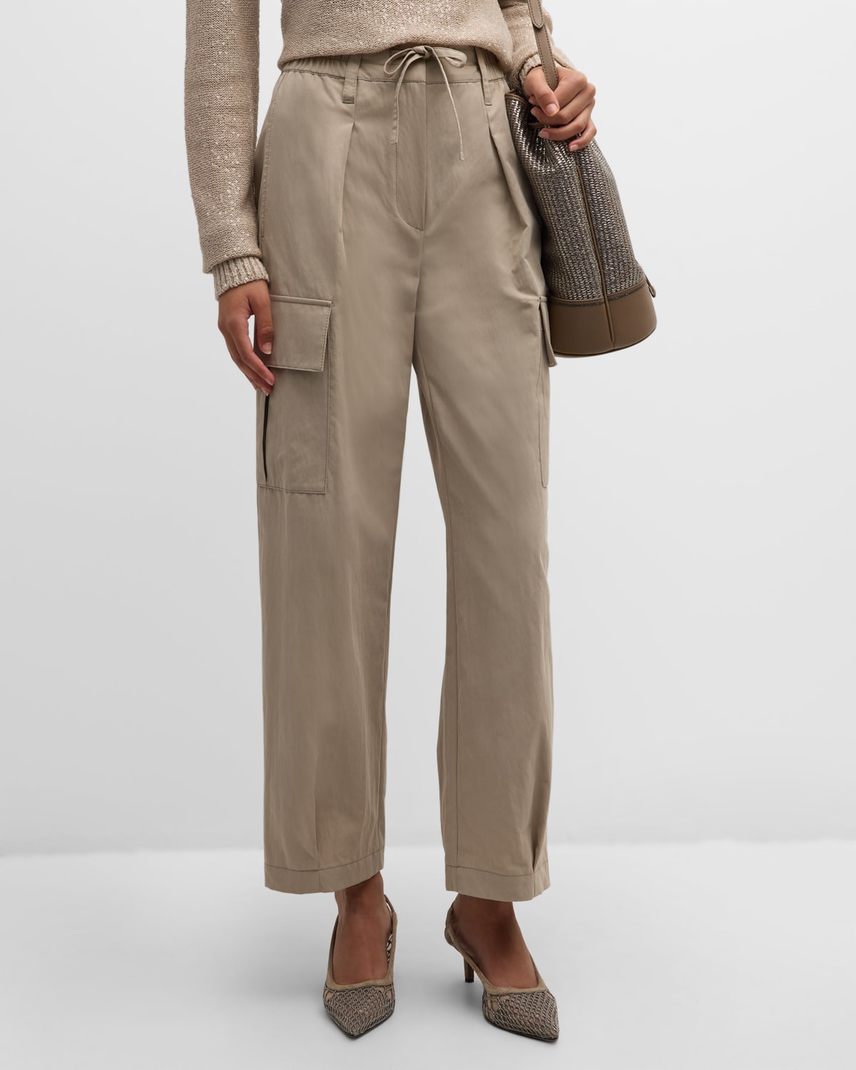 Shop Brunello Cucinelli Lightly Wrinkled Cotton Cargo Pants With Drawstring Waist In C8695 Honey