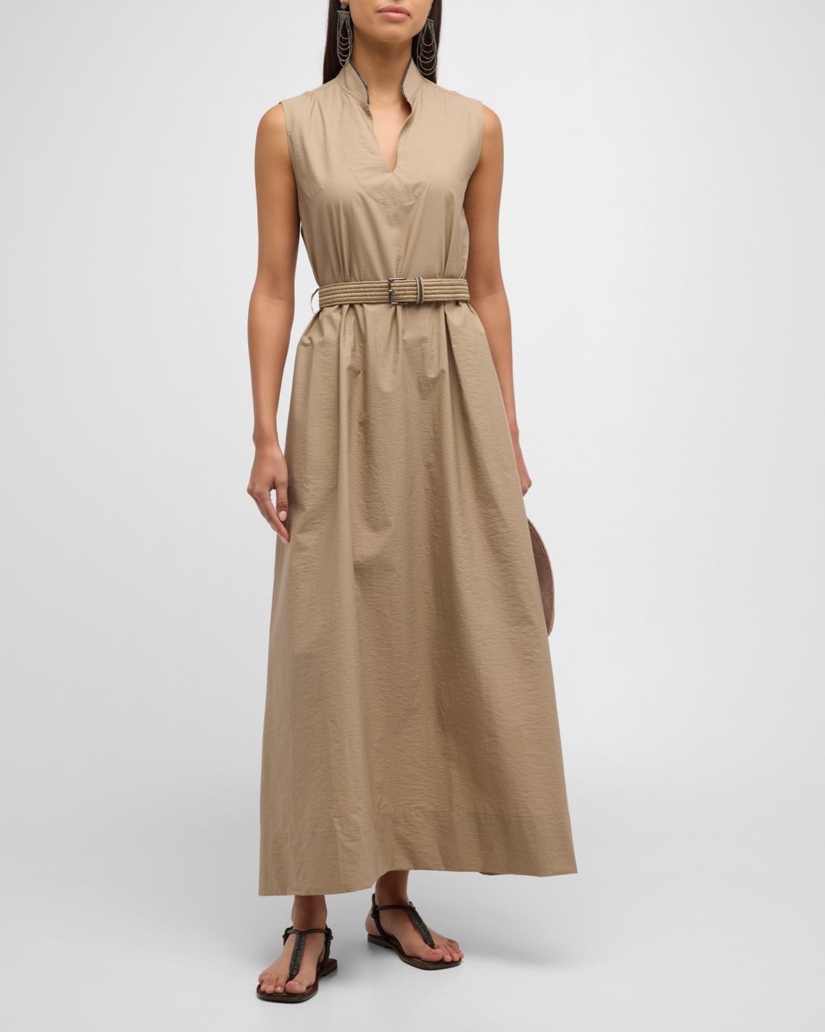 Shop Brunello Cucinelli Monili-collar Raffia-belt Sleeveless Crinkle Cotton Maxi Dress In C8704 Dark Beige