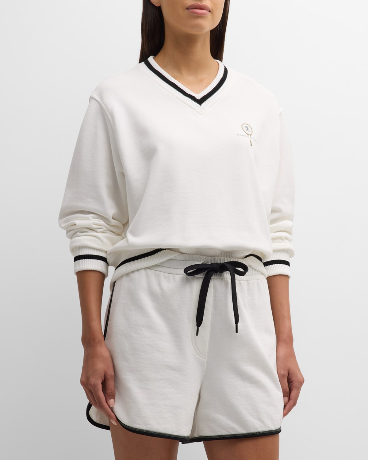 Shop Brunello Cucinelli Tennis Logo Embroidered V-neck Long-sleeve Cotton Sweatshirt In C7220 Off White