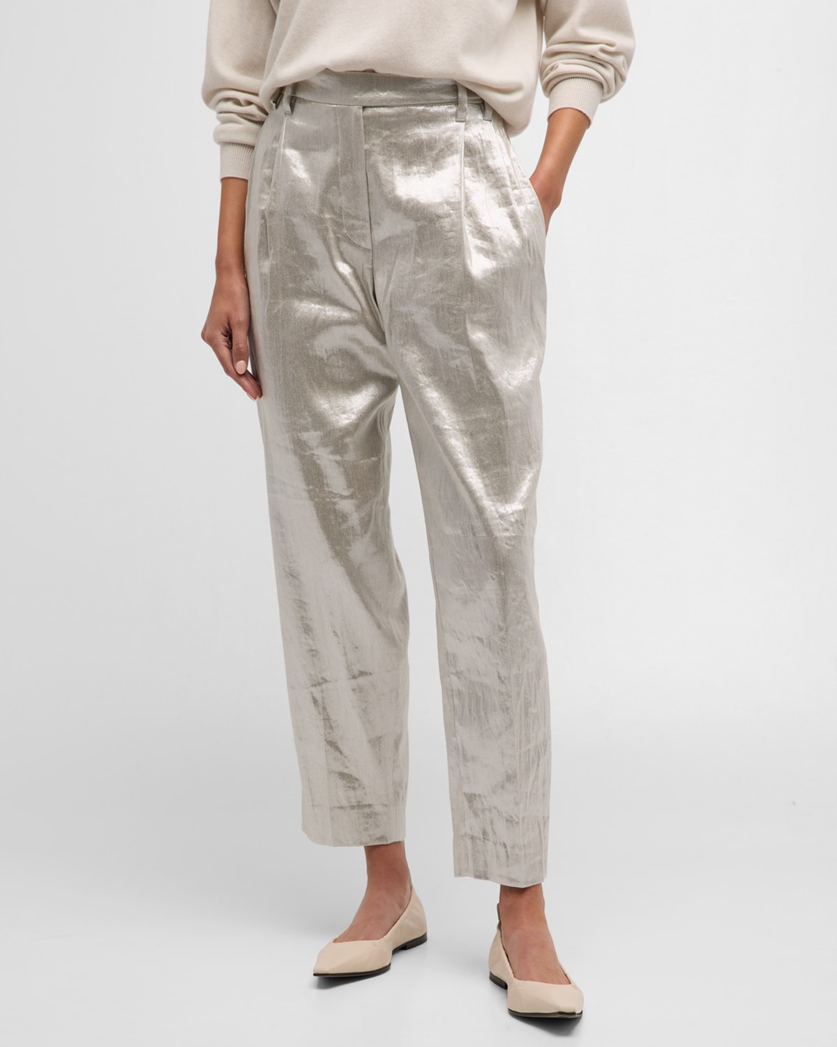 Brunello Cucinelli Linen Metallic Tailored Pants In C281 Silver