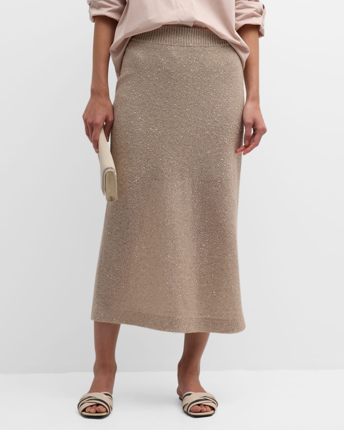Shop Brunello Cucinelli Cashmere Silk Linen Paillette Midi Skirt In C9589 Light Beige