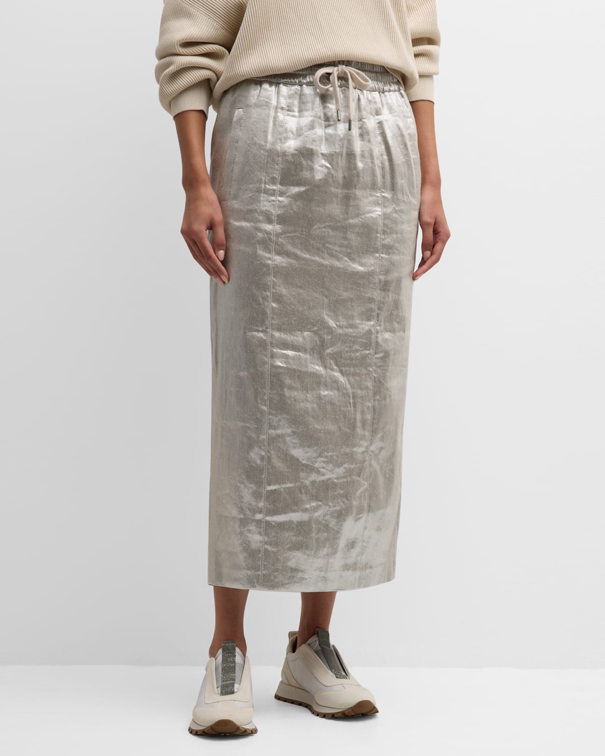 Shop Brunello Cucinelli Metallic Linen Column Midi Skirt In C281 Silver