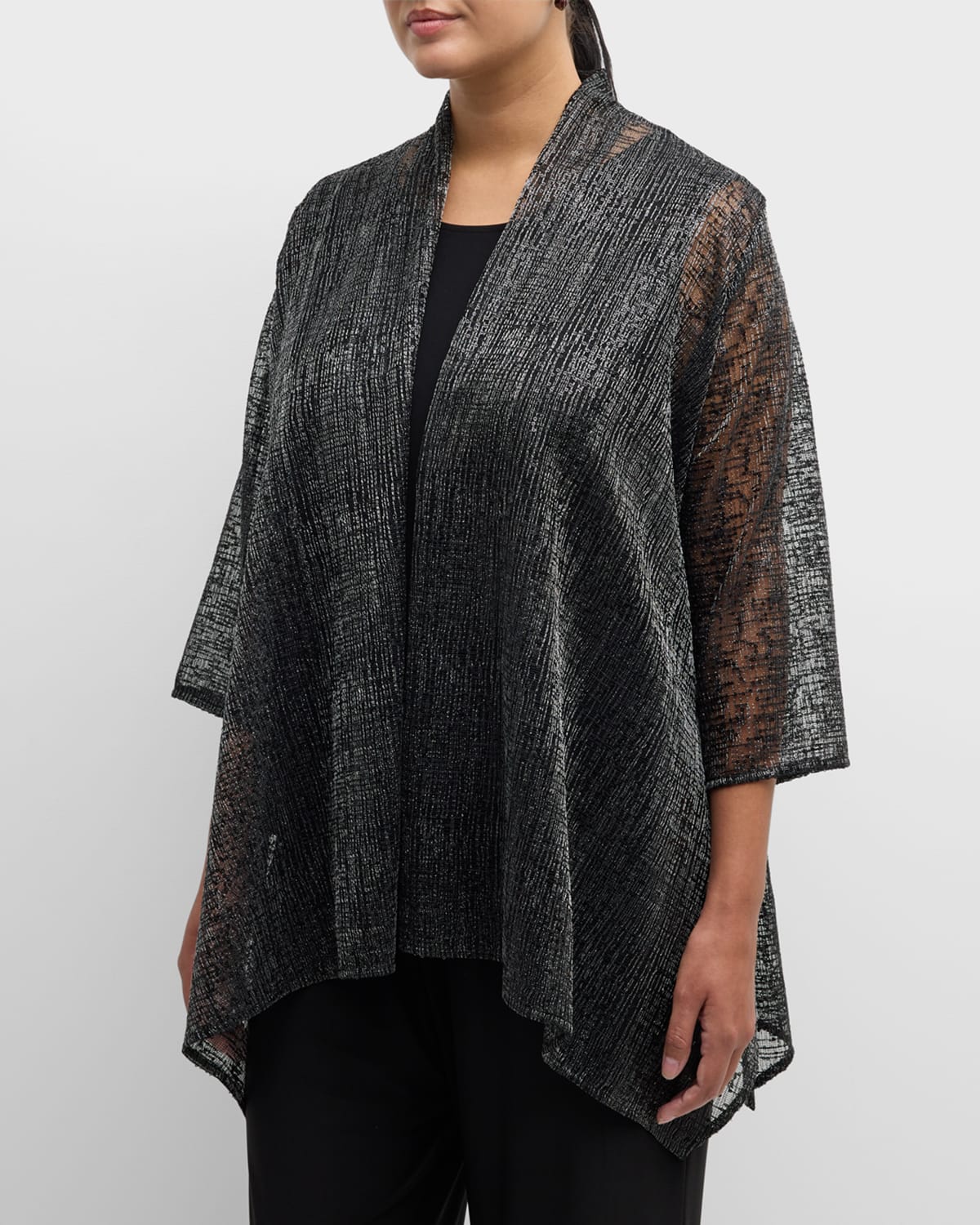 Caroline Rose Plus Plus Size Metallic Sequin Mesh Cardigan In Blacksilver