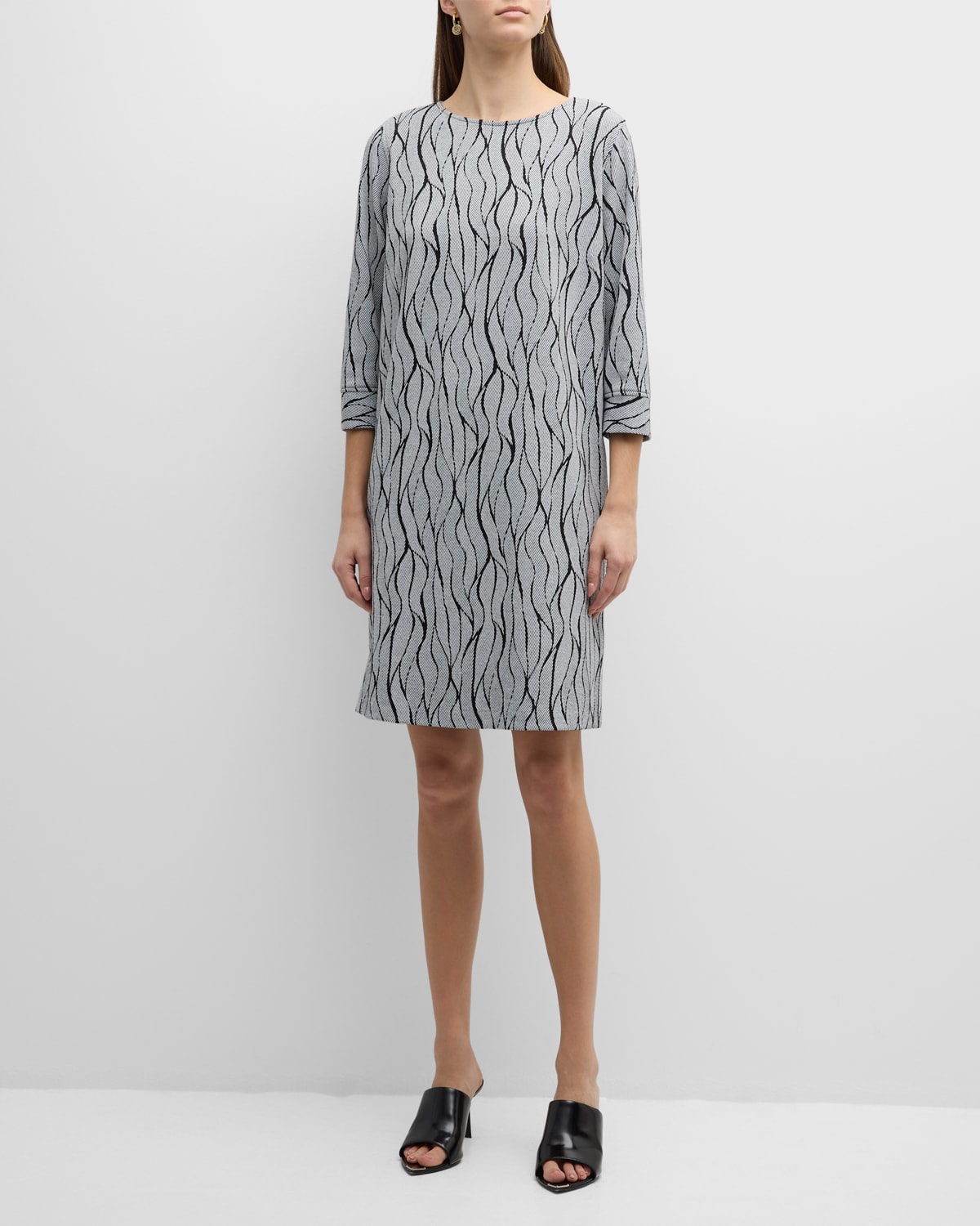 Shop Caroline Rose 3/4-sleeve Wave Intarsia Knit Knee-length Dress In Blackwhite